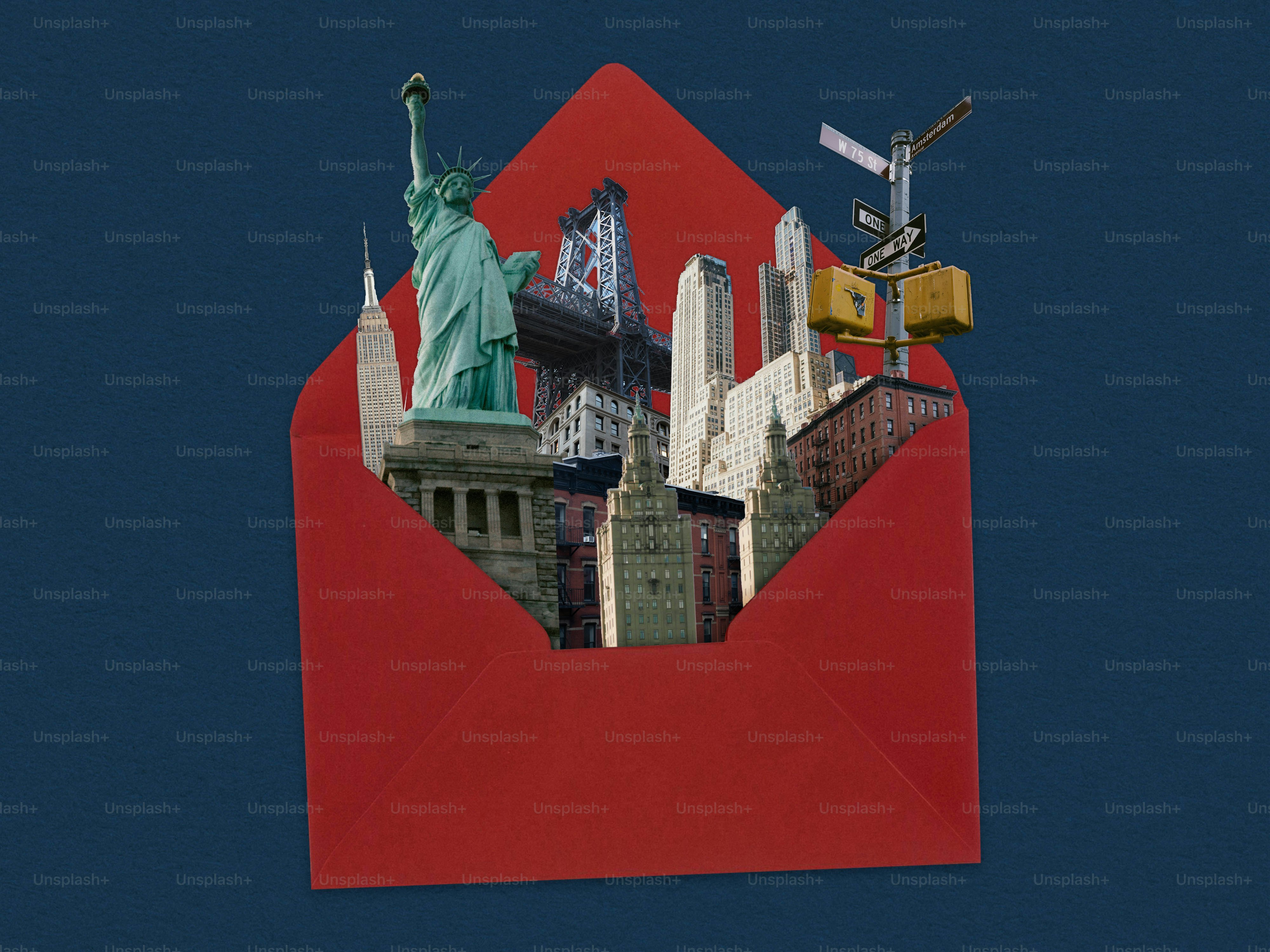 New york city landmarks spilling from red envelope