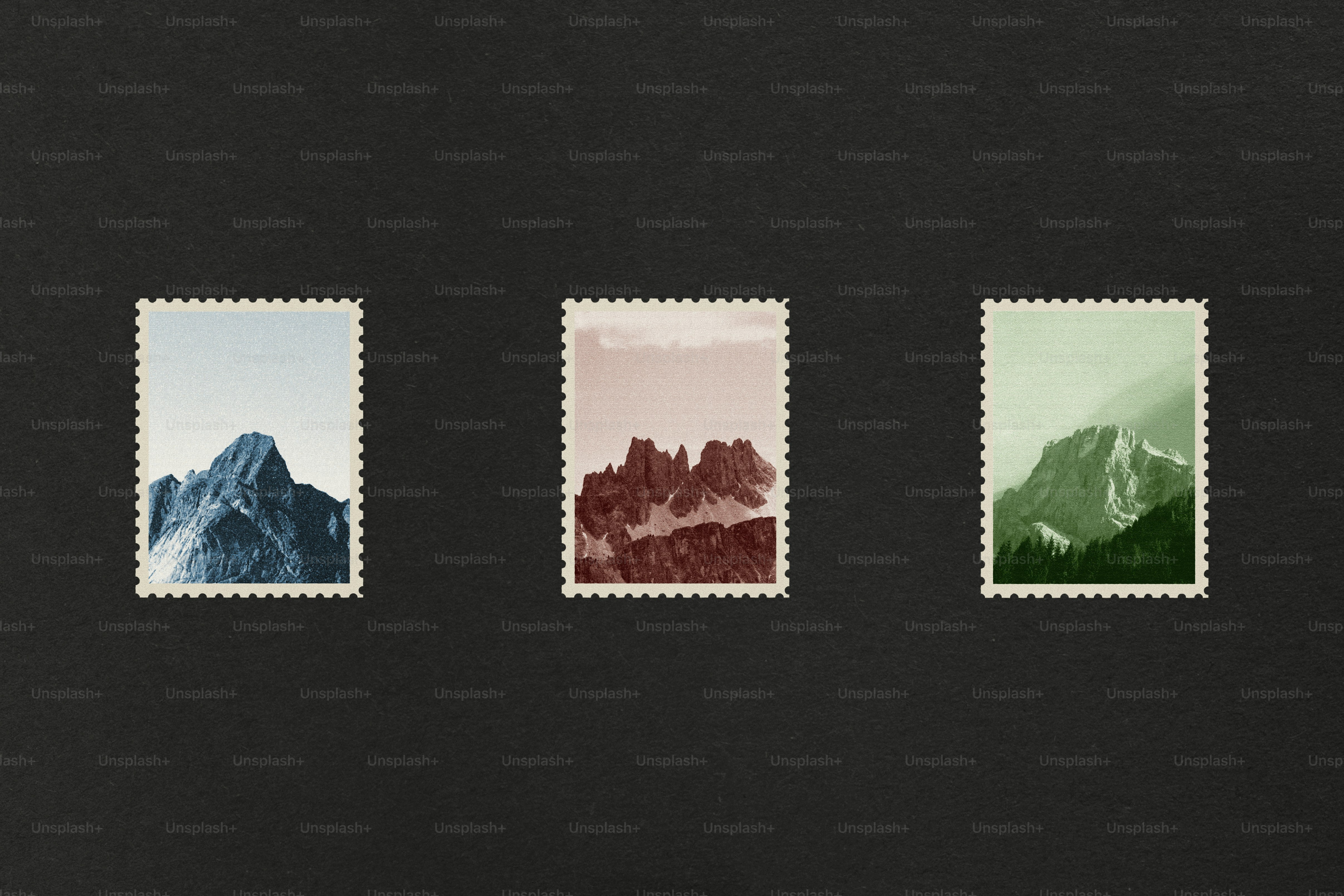 Three postage stamps featuring mountain landscapes