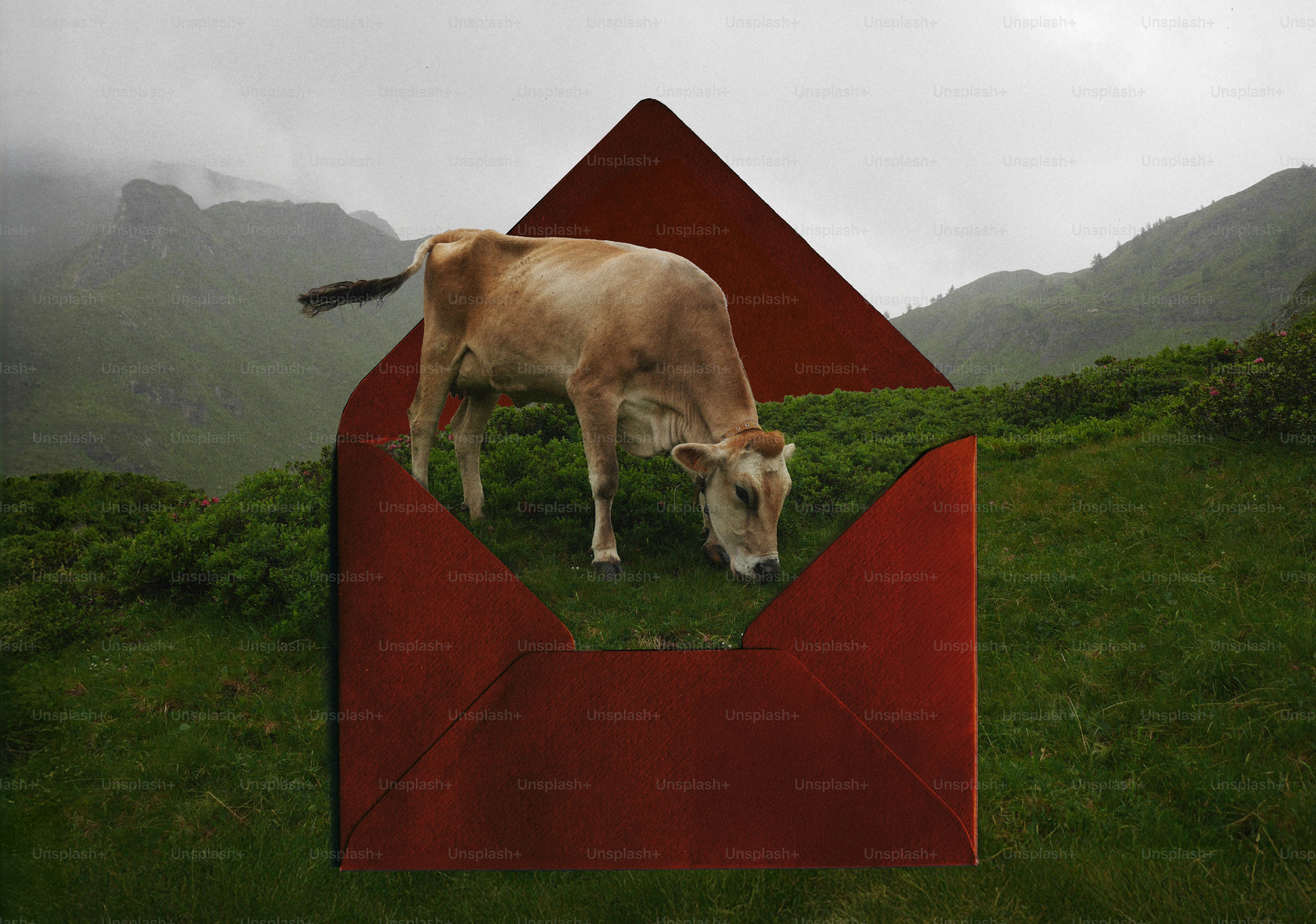 Cow grazing in a red envelope on a grassy hill