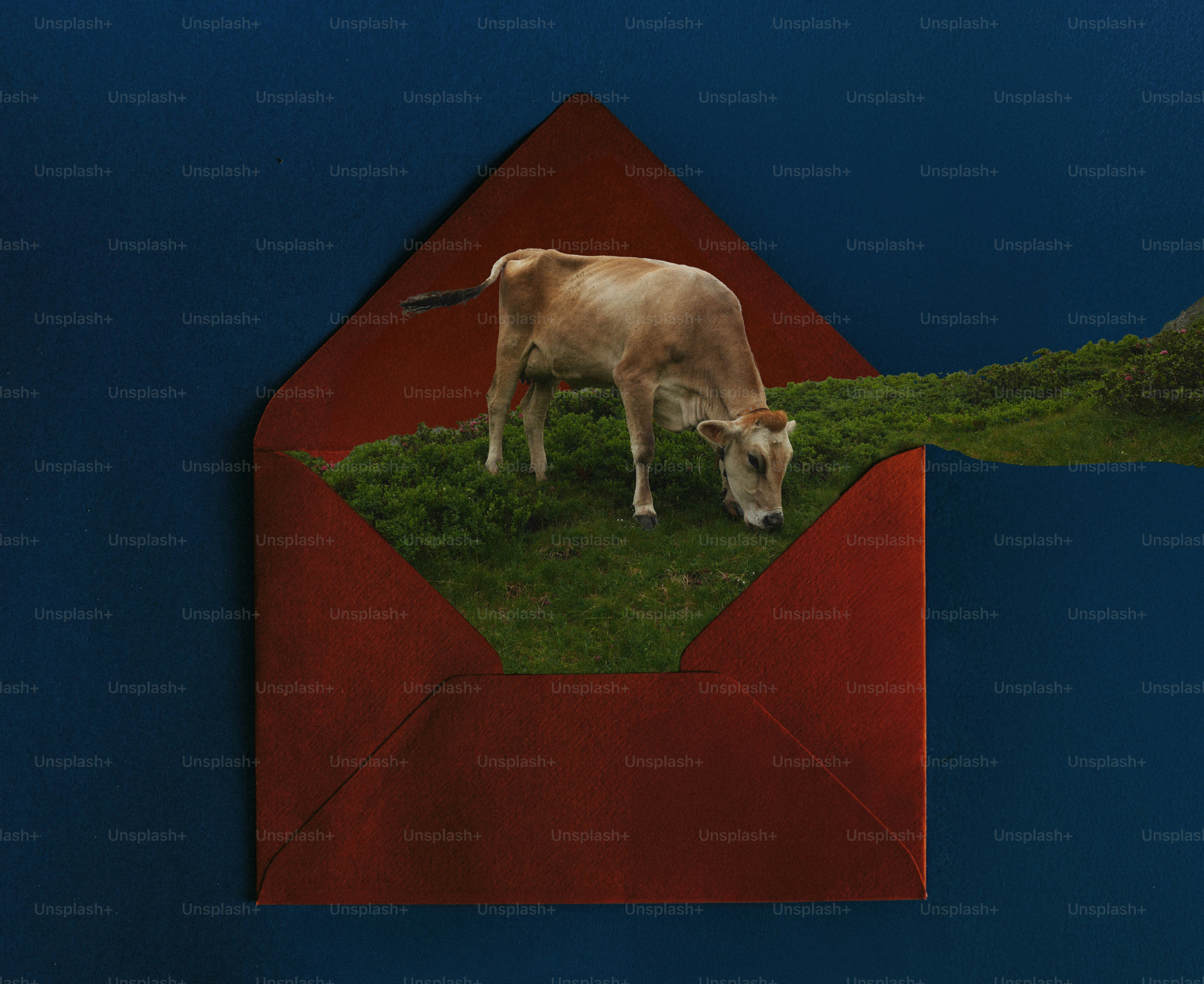 A cow grazing in a red envelope on green grass