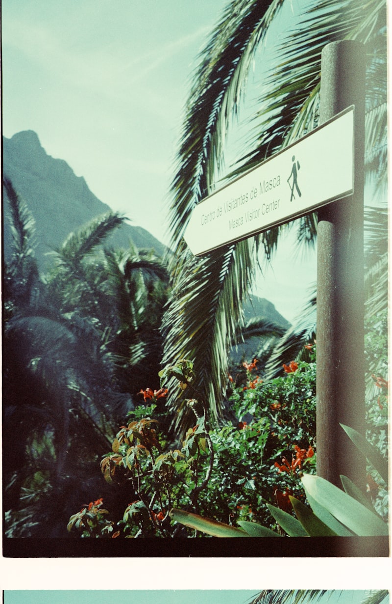 Señalización en un paisaje tropical exuberante con montañas.