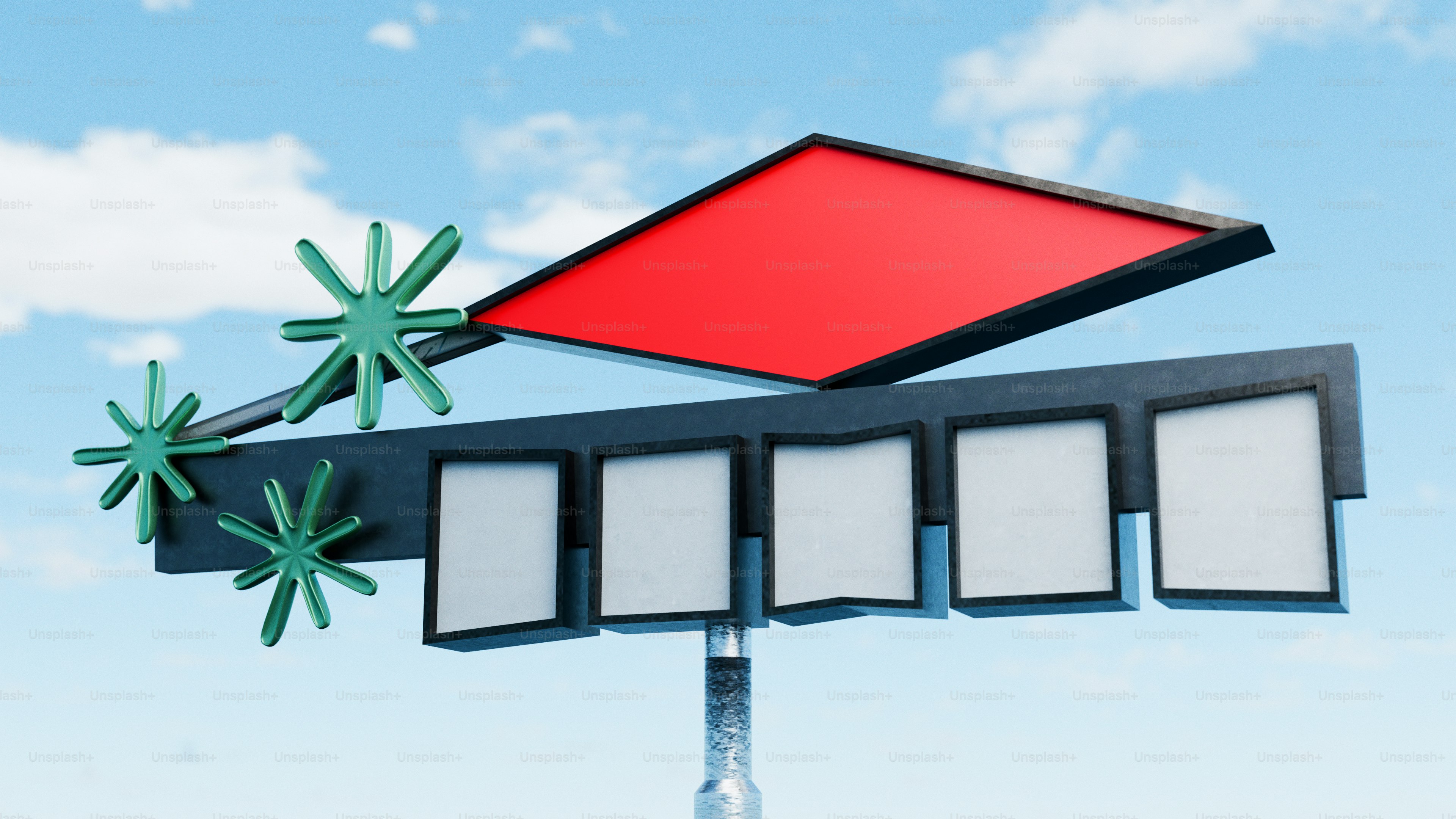 별이 터진 무늬와 빈 패널이 있는 복고풍 도로변 표지판