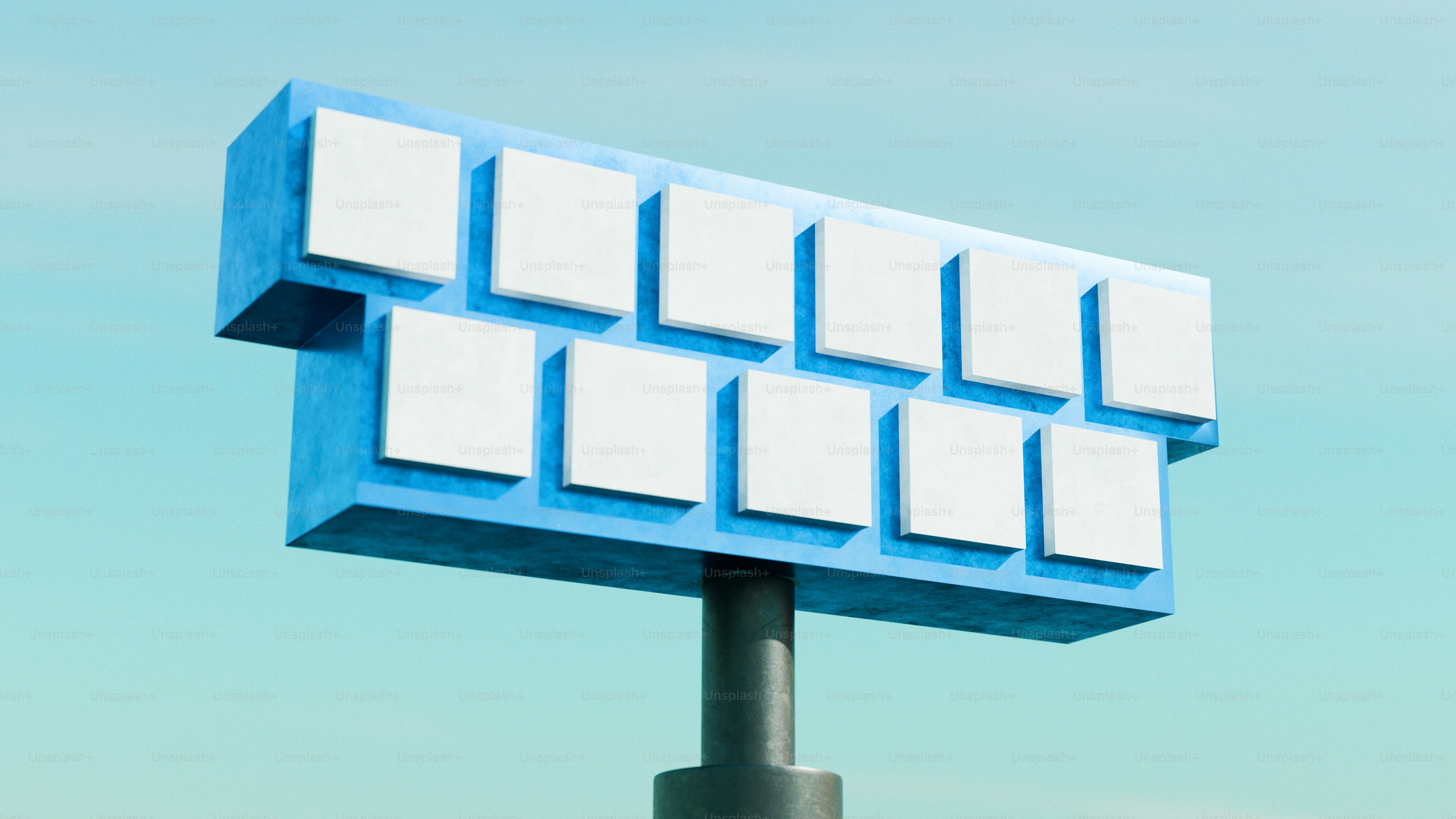 열두 개의 흰색 패널이 있는 파란색 광고판