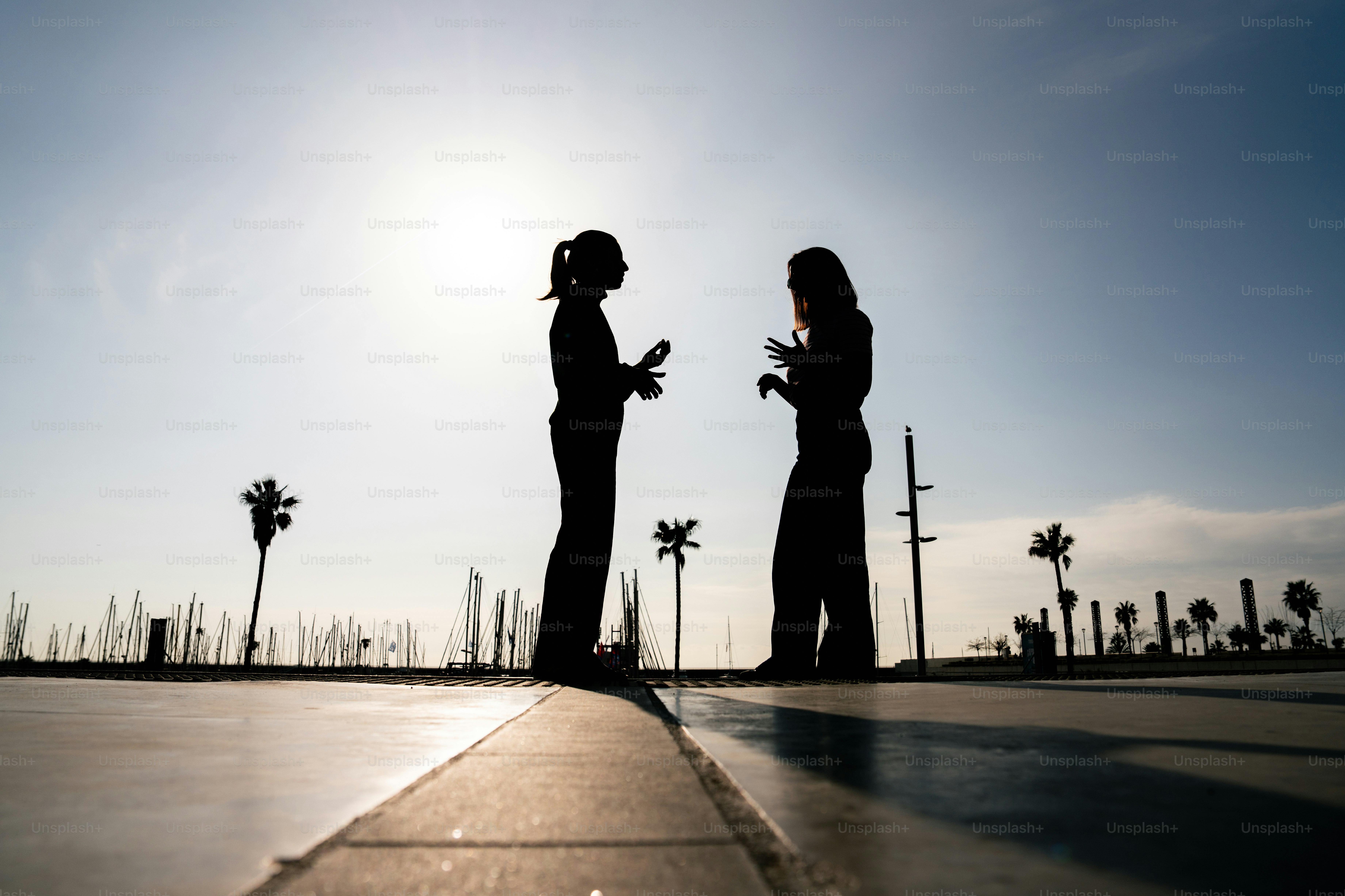 밝은 하늘을 배경으로 야외에서 대화하는 두 사람