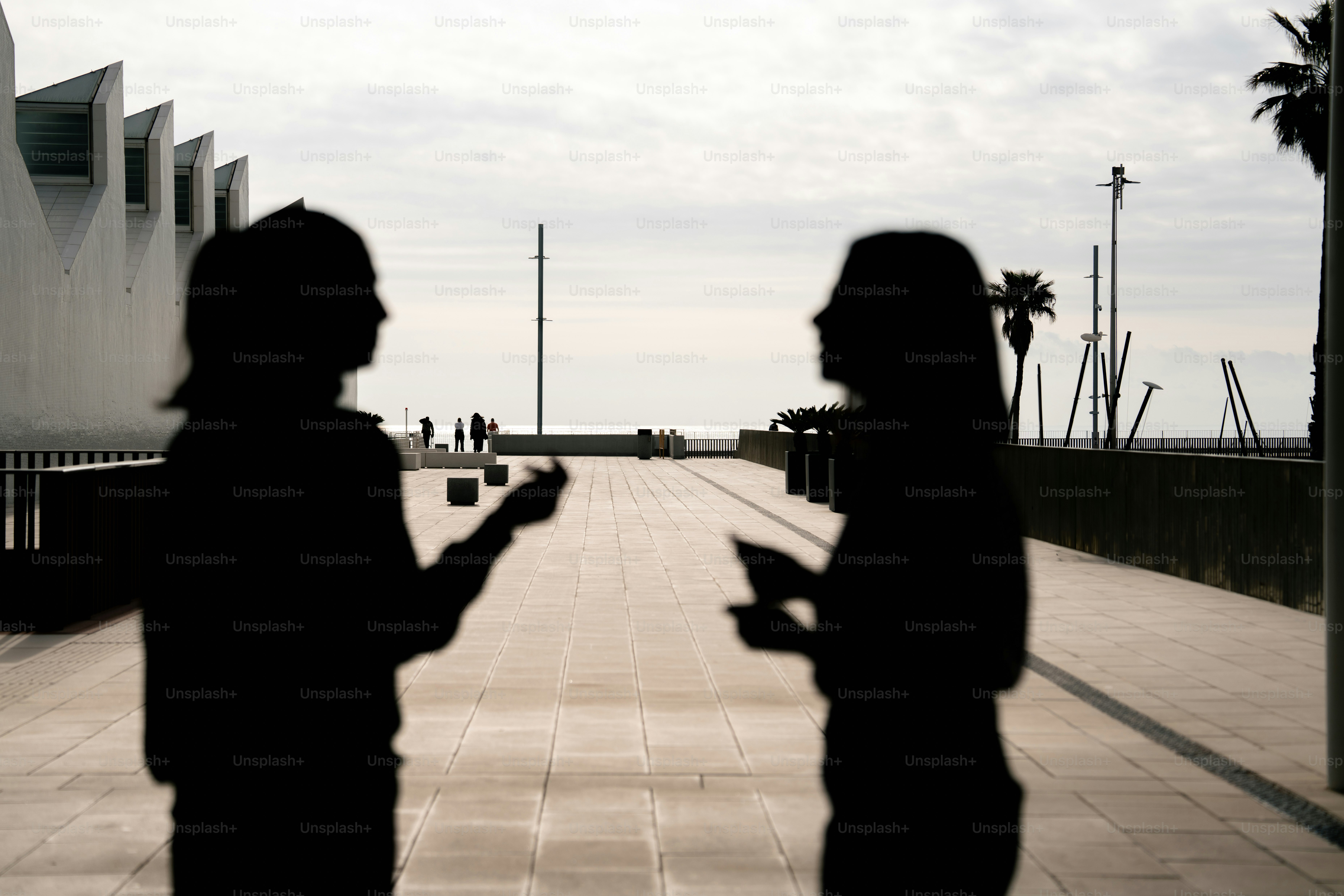 두 명의 실루엣 인물이 바다 근처 야외에서 대화를 나누고 있다.