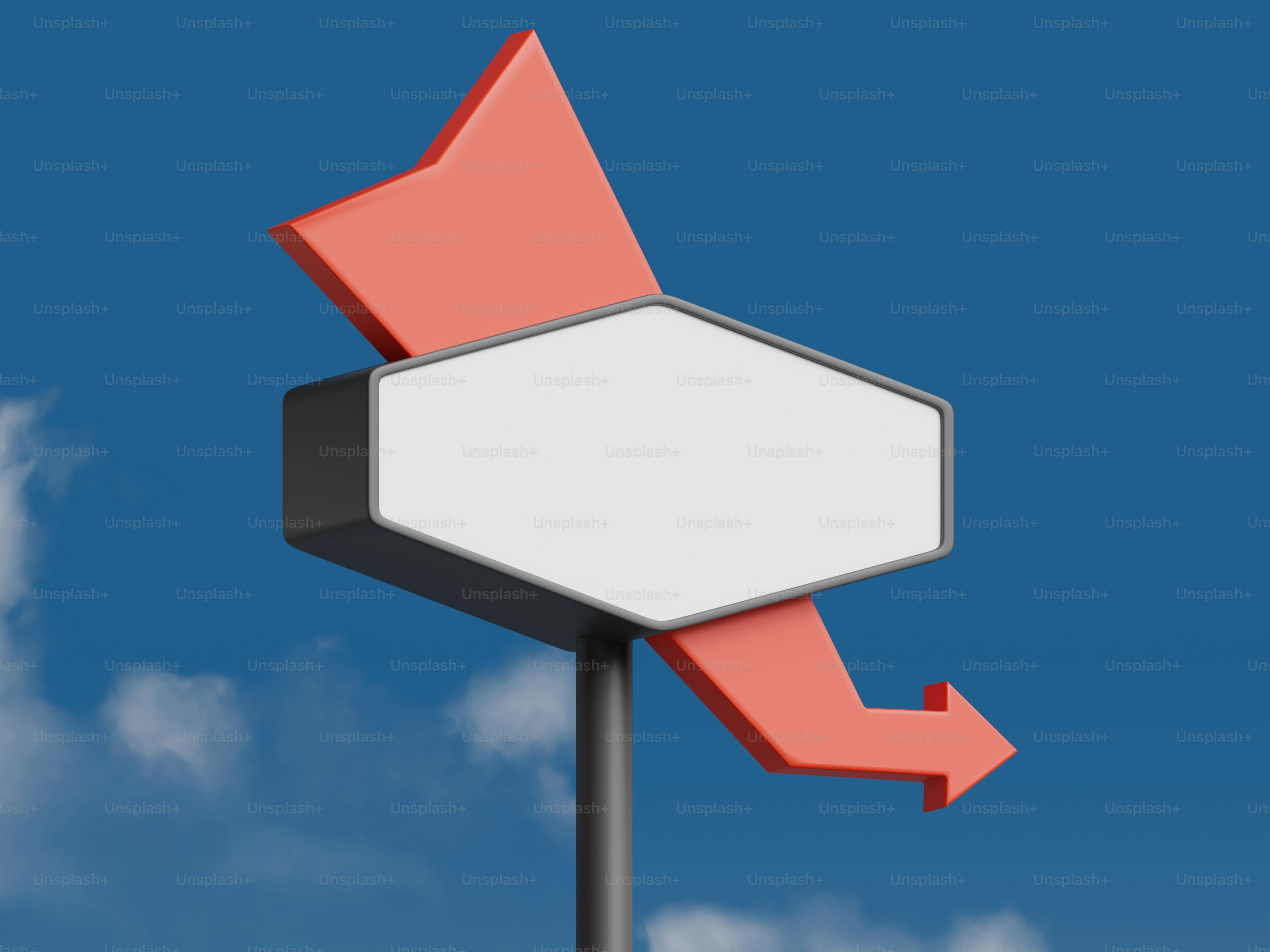 파란 하늘을 배경으로 빨간 화살표가 그려진 복고풍 도로변 표지판