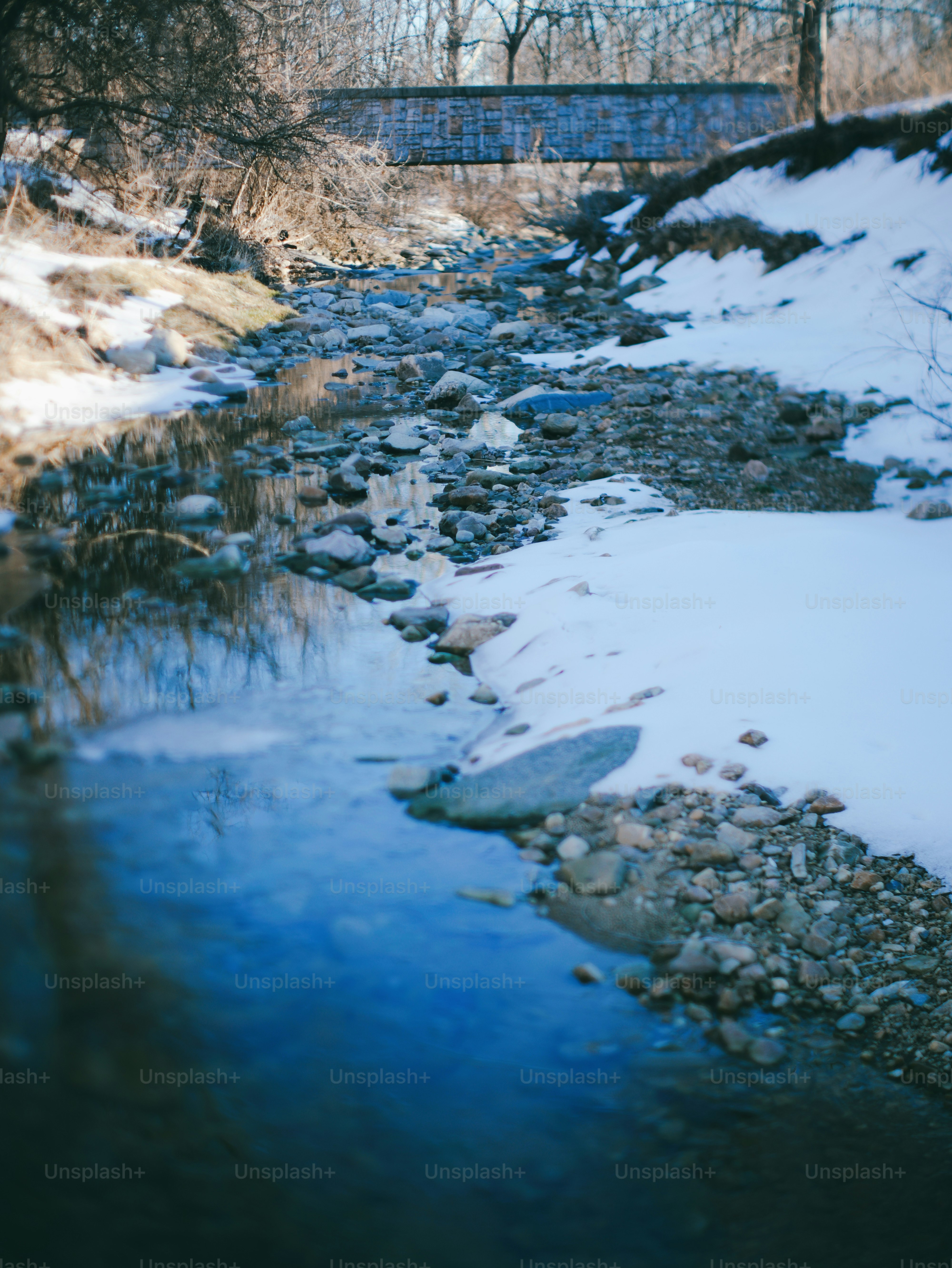 A stream flows through a snowy landscape with a bridge.
