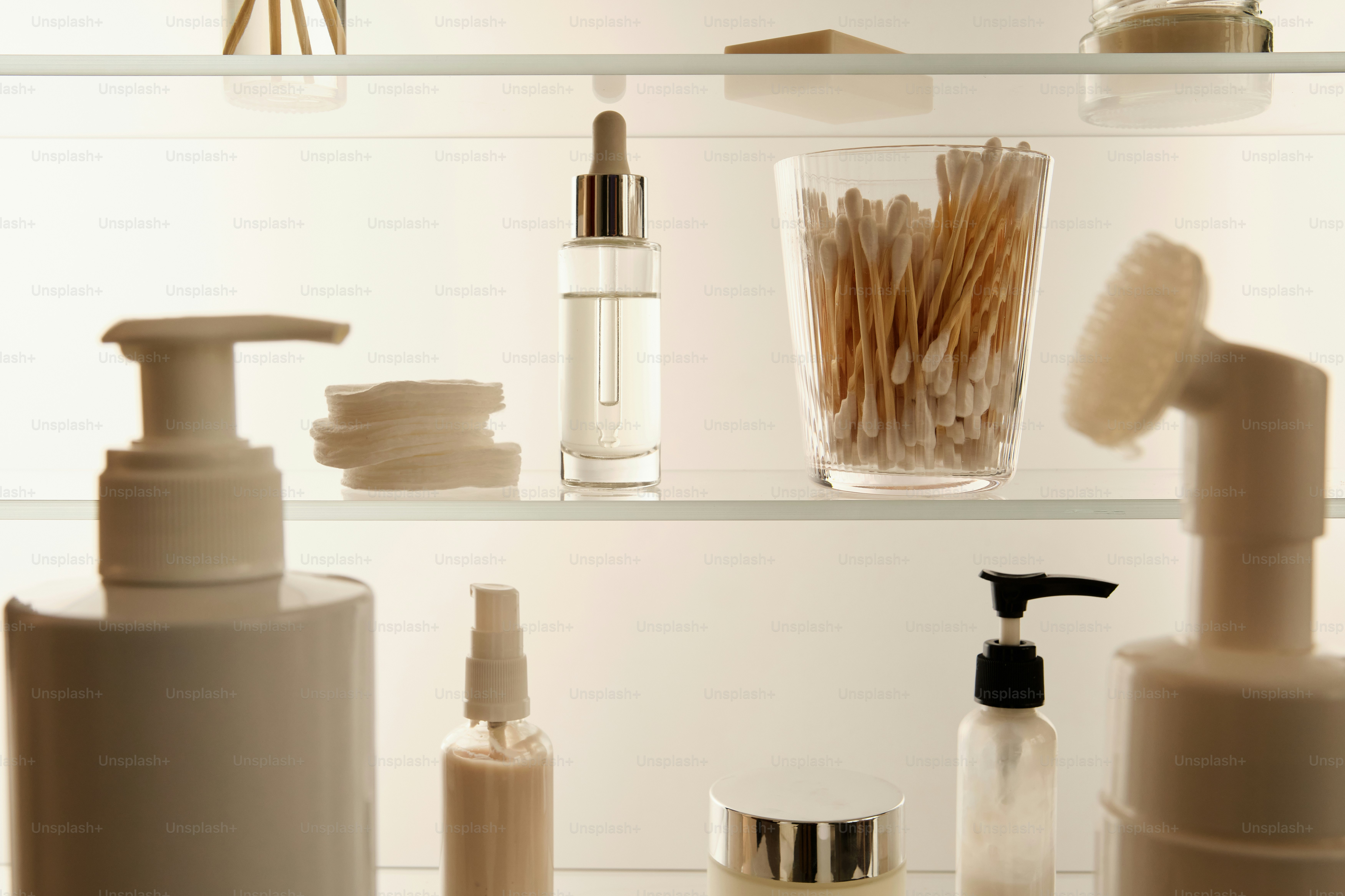 Various cosmetic and skincare products arranged on shelves.