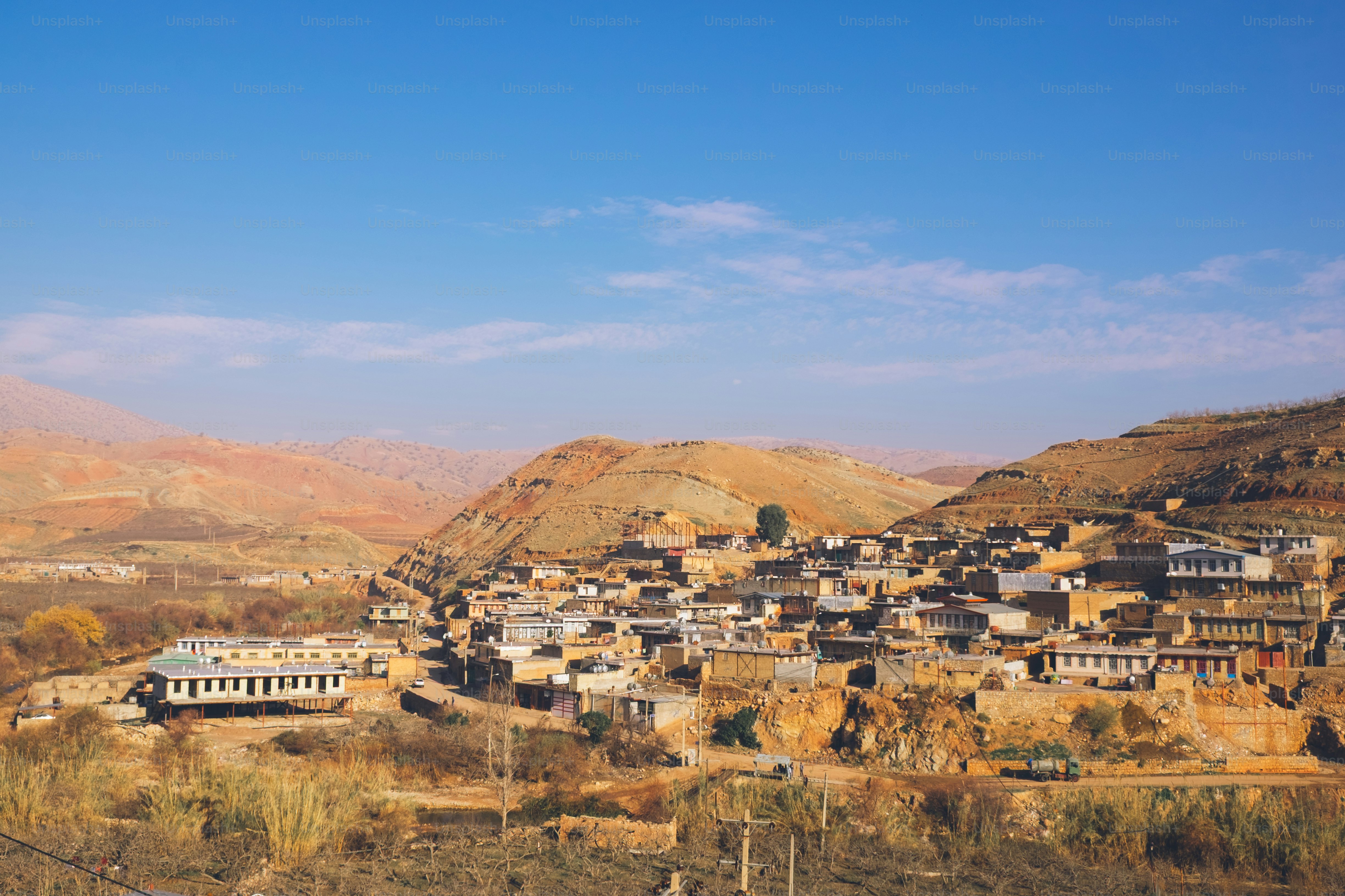 A small village nestled in a dry, mountainous landscape.