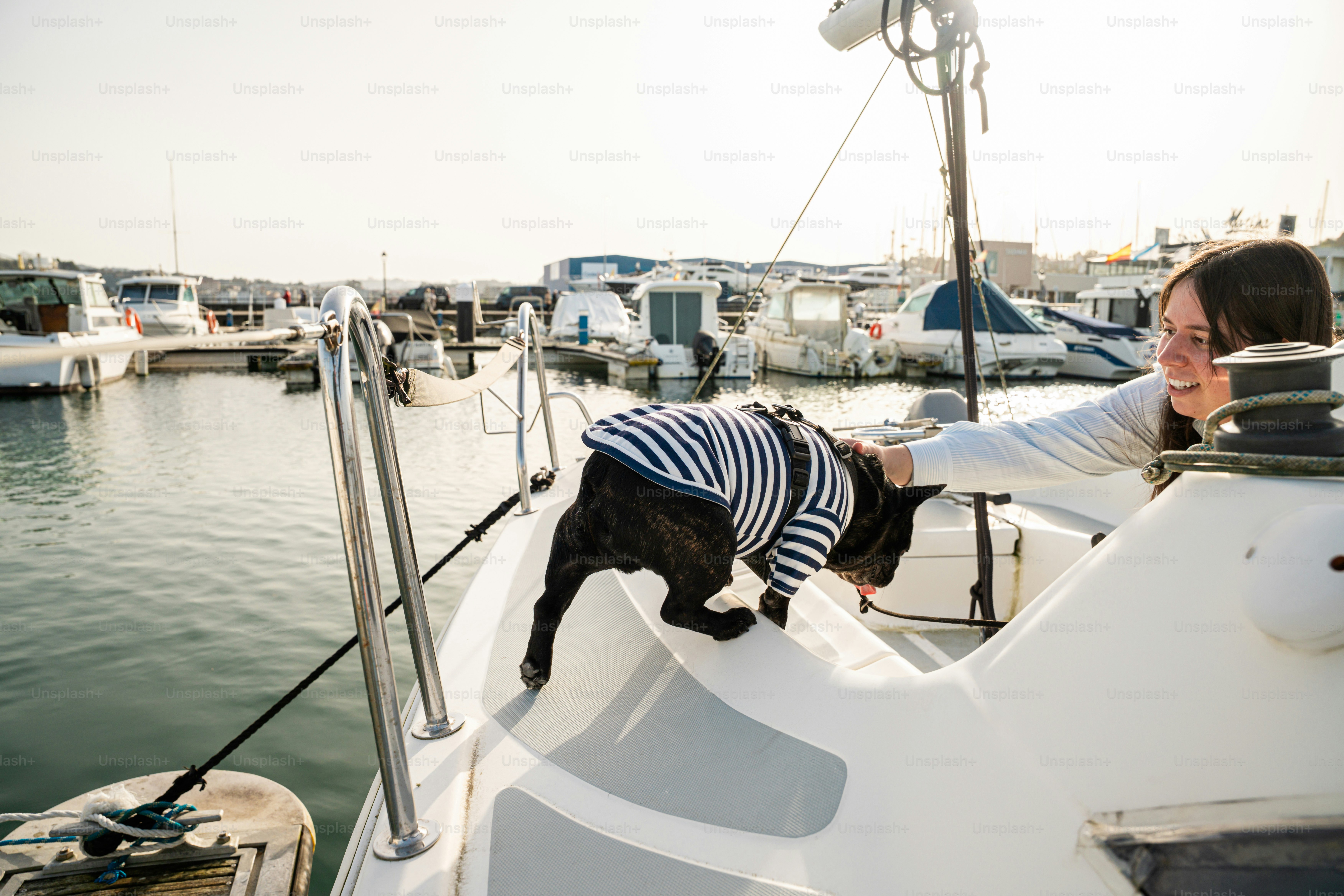 Woman petting dog wearing striped shirt on sailboat