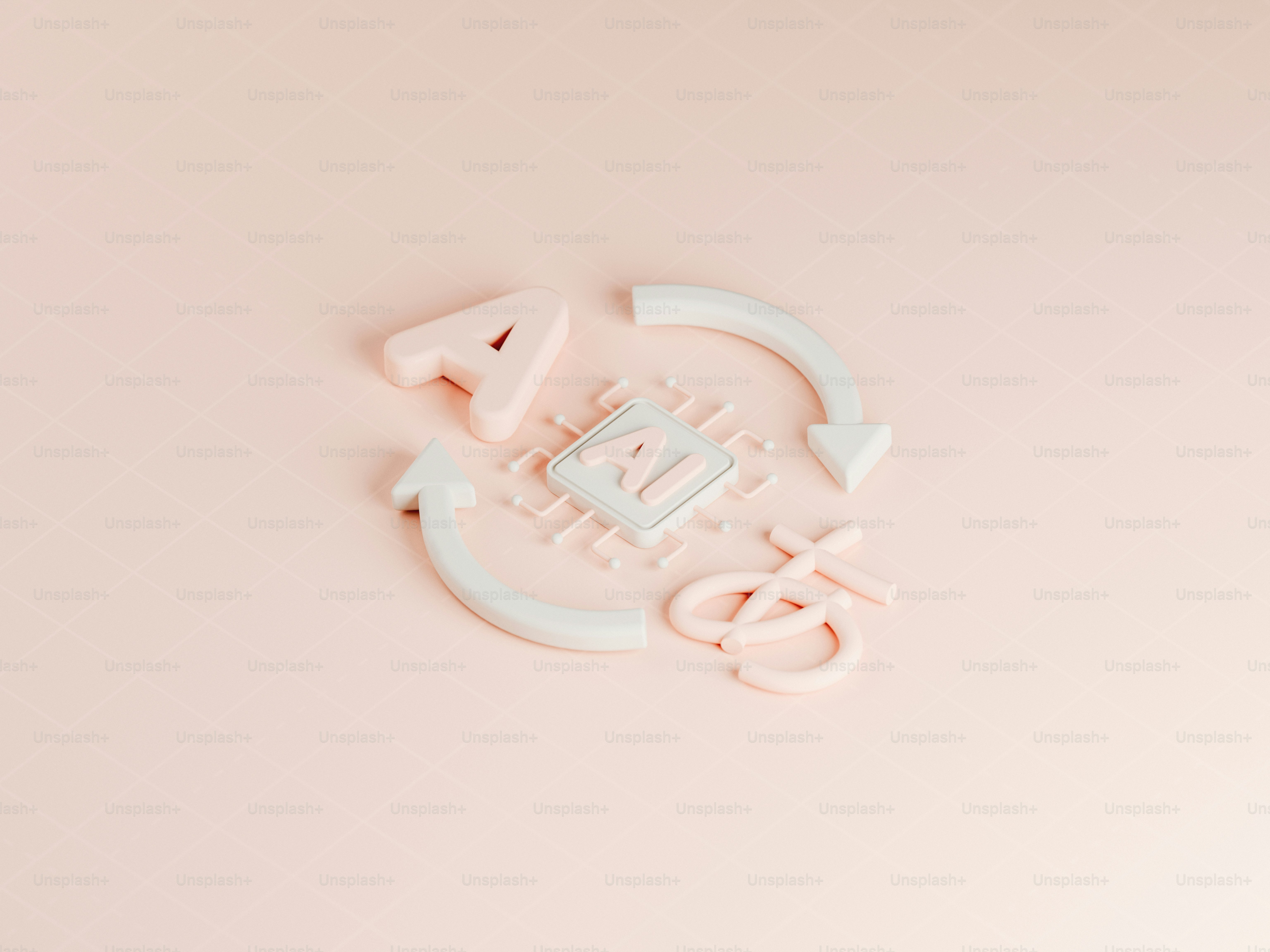 Symbole IA avec des flèches rotatives sur fond rose