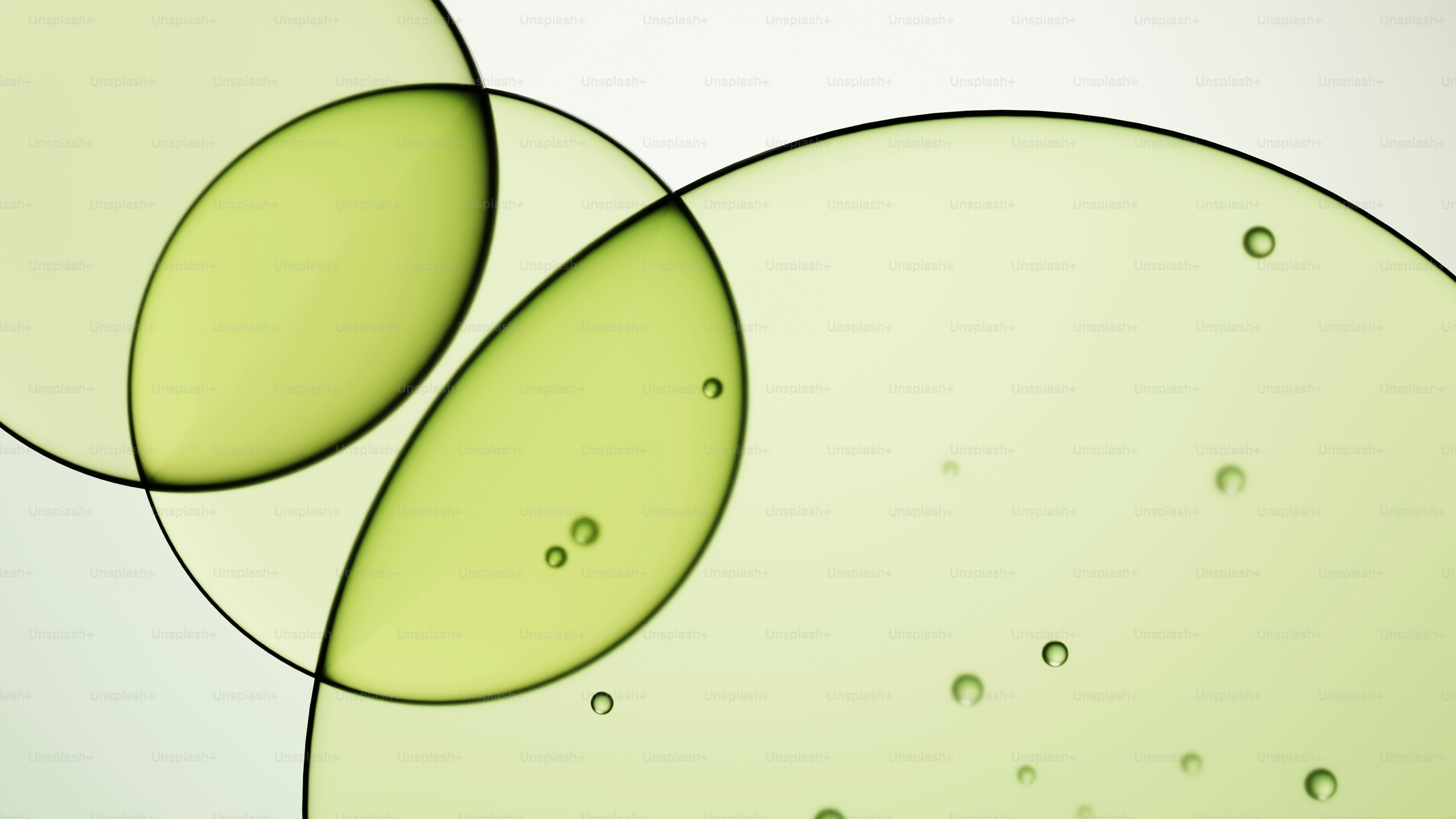 Círculos verdes abstratos com pequenas bolhas flutuando.