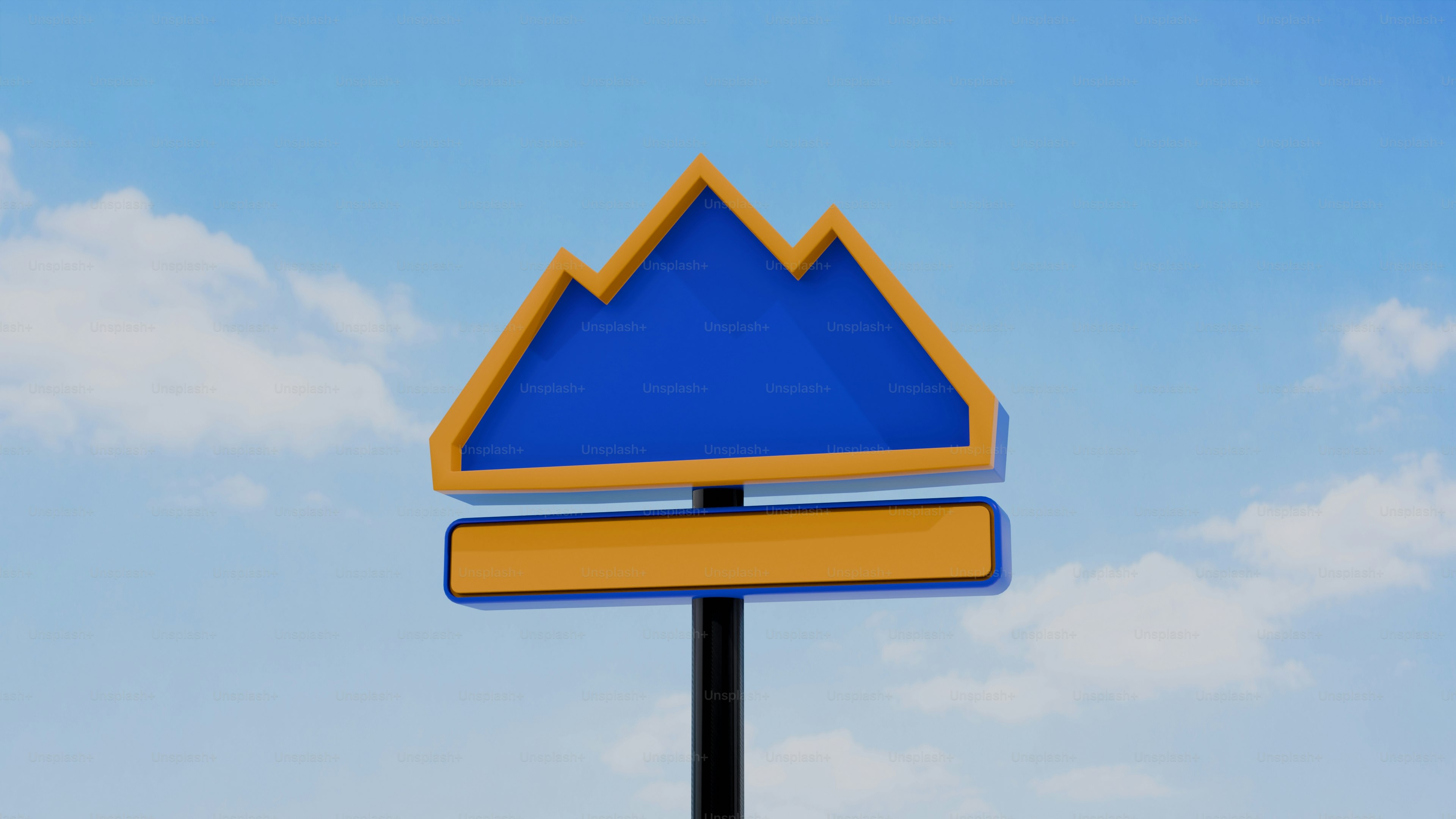 Blue mountain sign against a cloudy blue sky