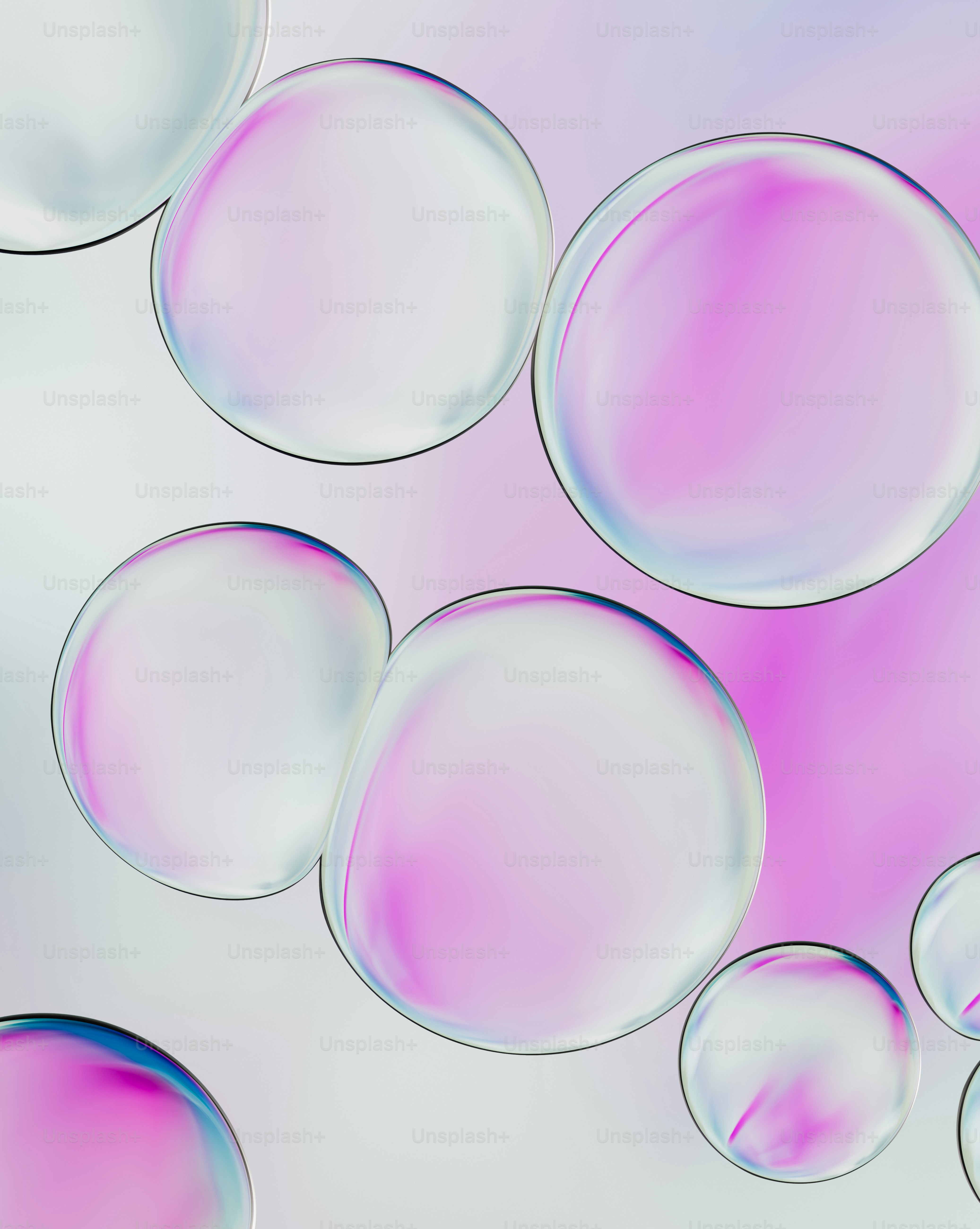 Close-up gelembung warna-warni dengan warna merah muda dan ungu