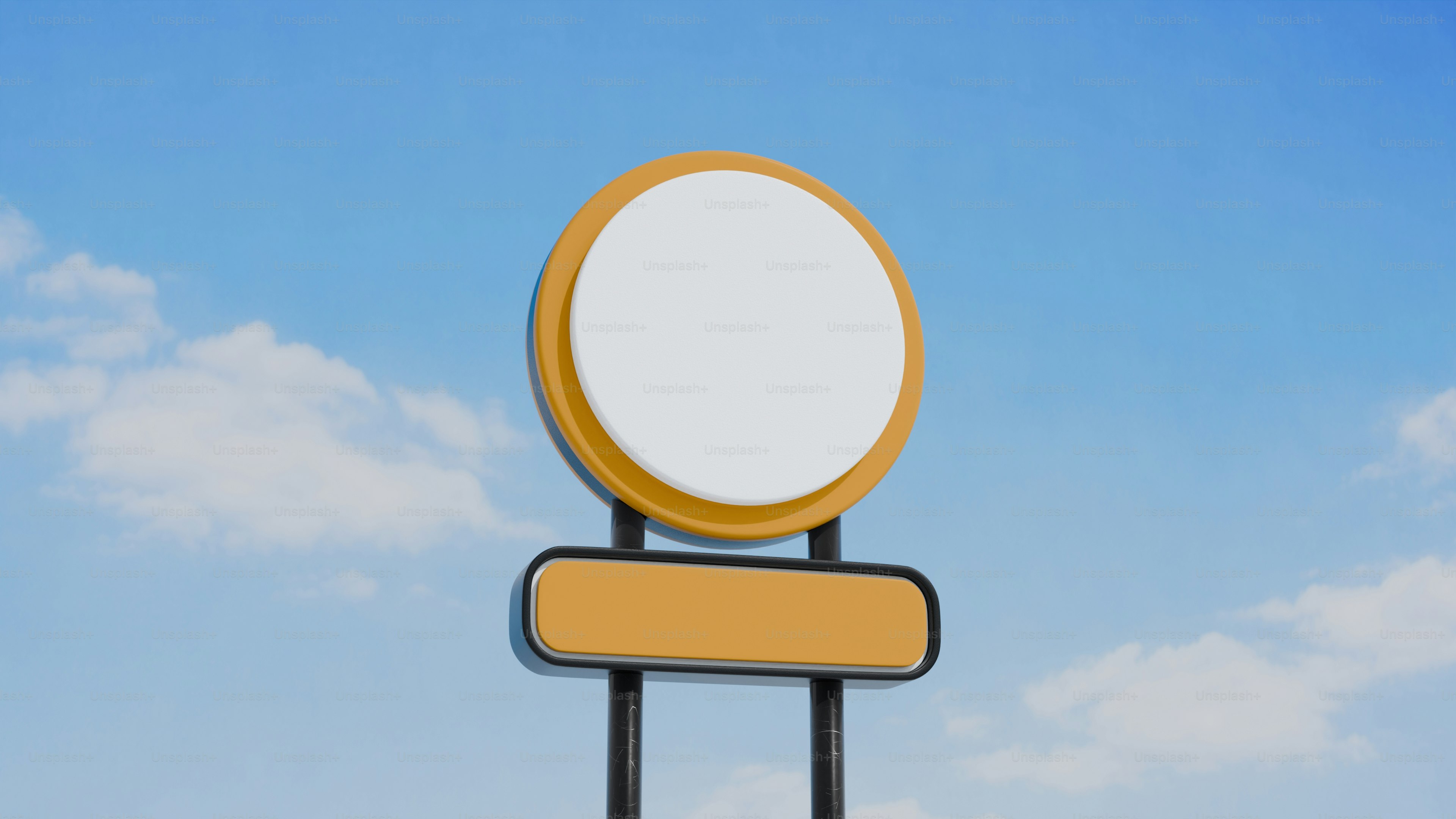 Uma placa circular em branco com uma placa retangular abaixo.