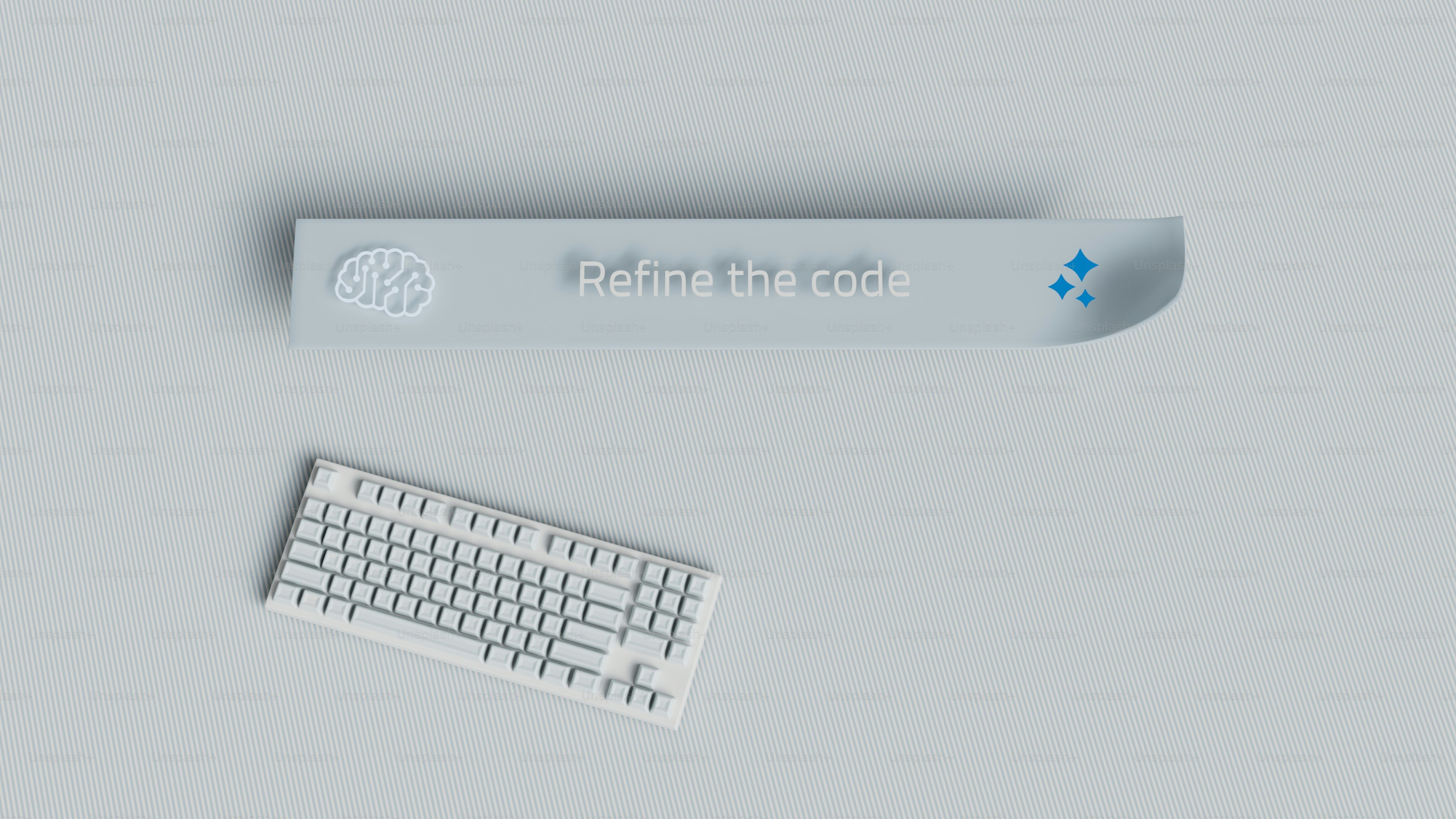 Eine weiße Tastatur und ein graues Objekt mit Text.