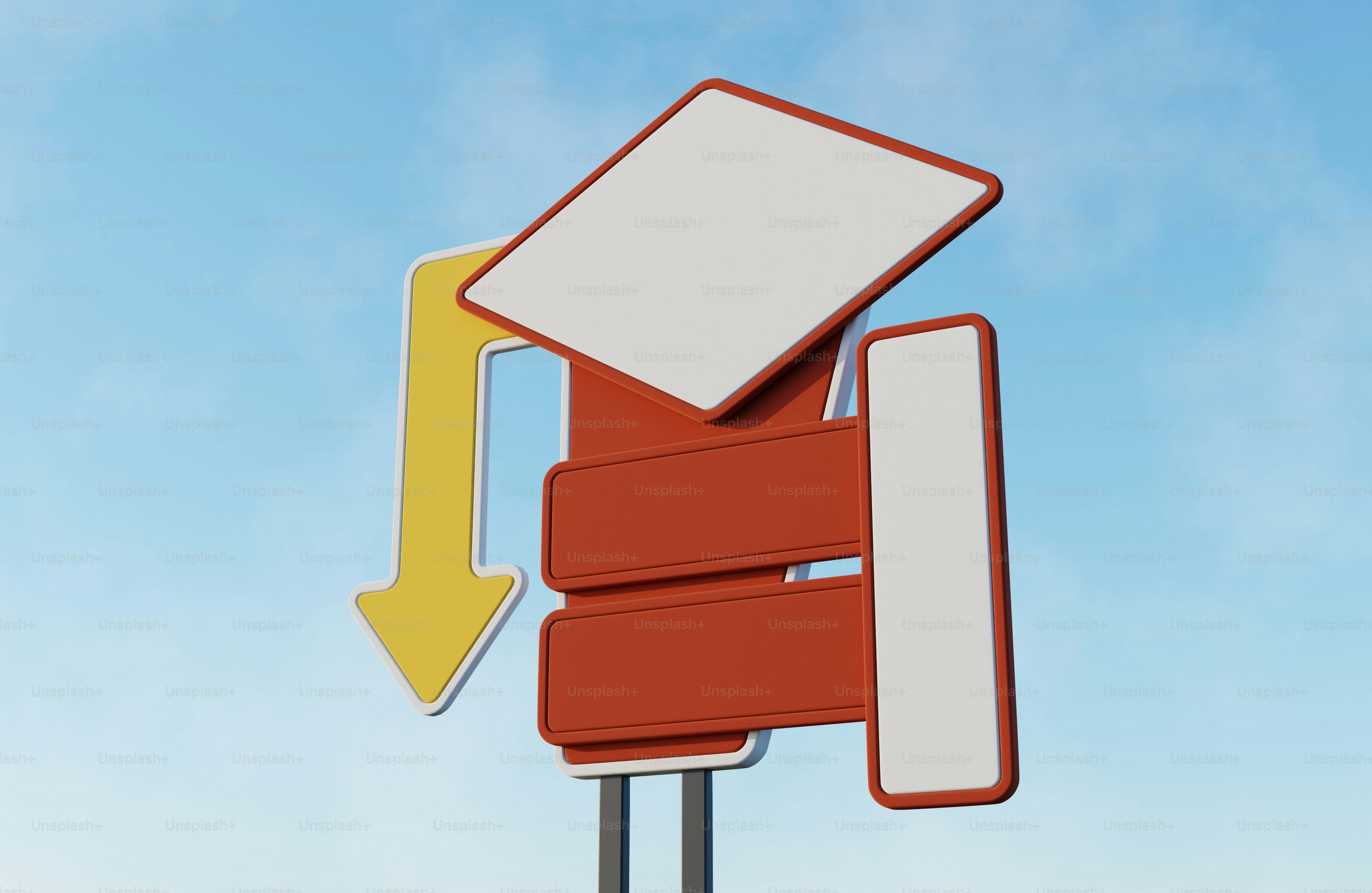 空を背景に黄色い矢印が入った白い看板