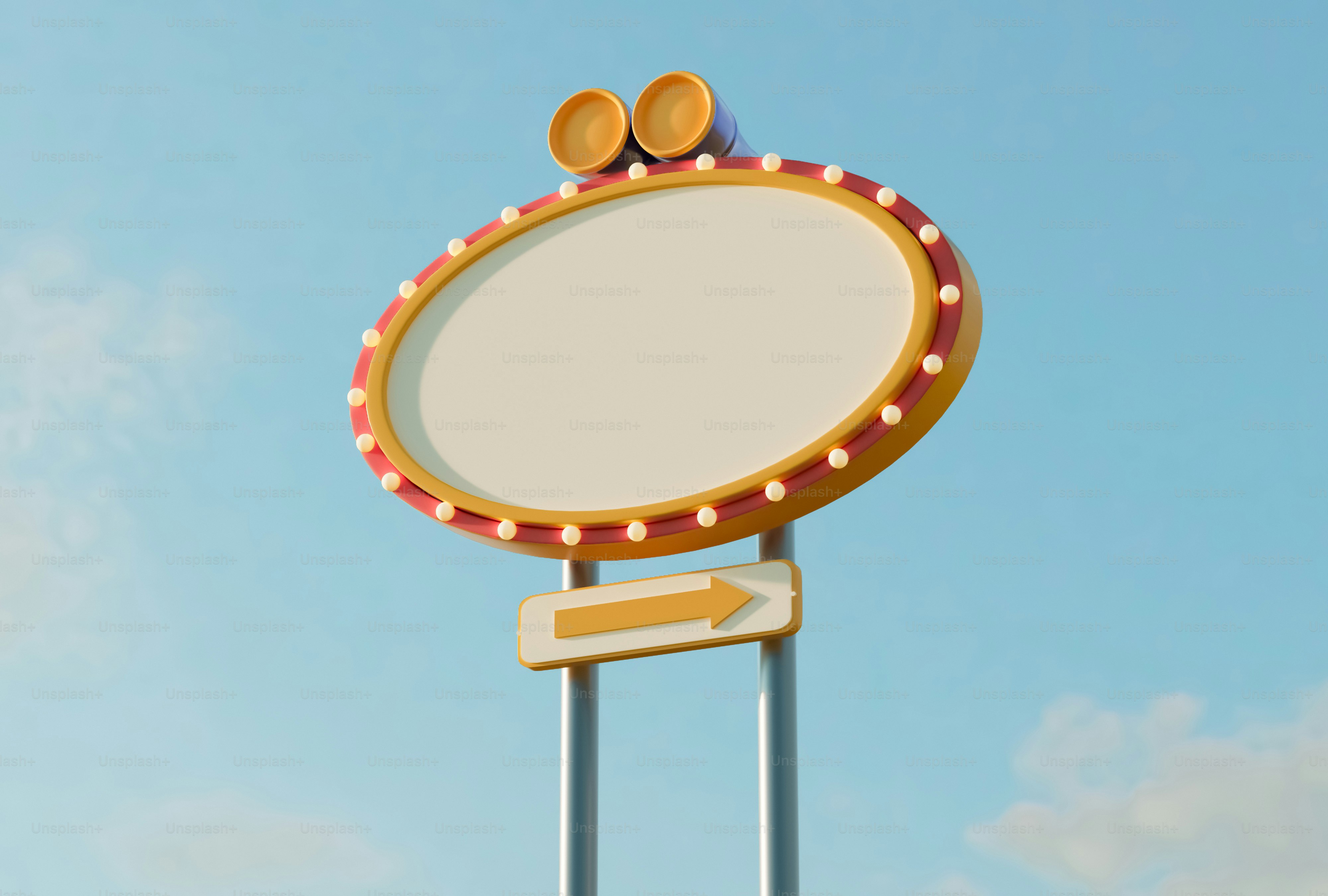 하늘을 배경으로 화살표가 있는 복고풍 타원형 마퀴 간판