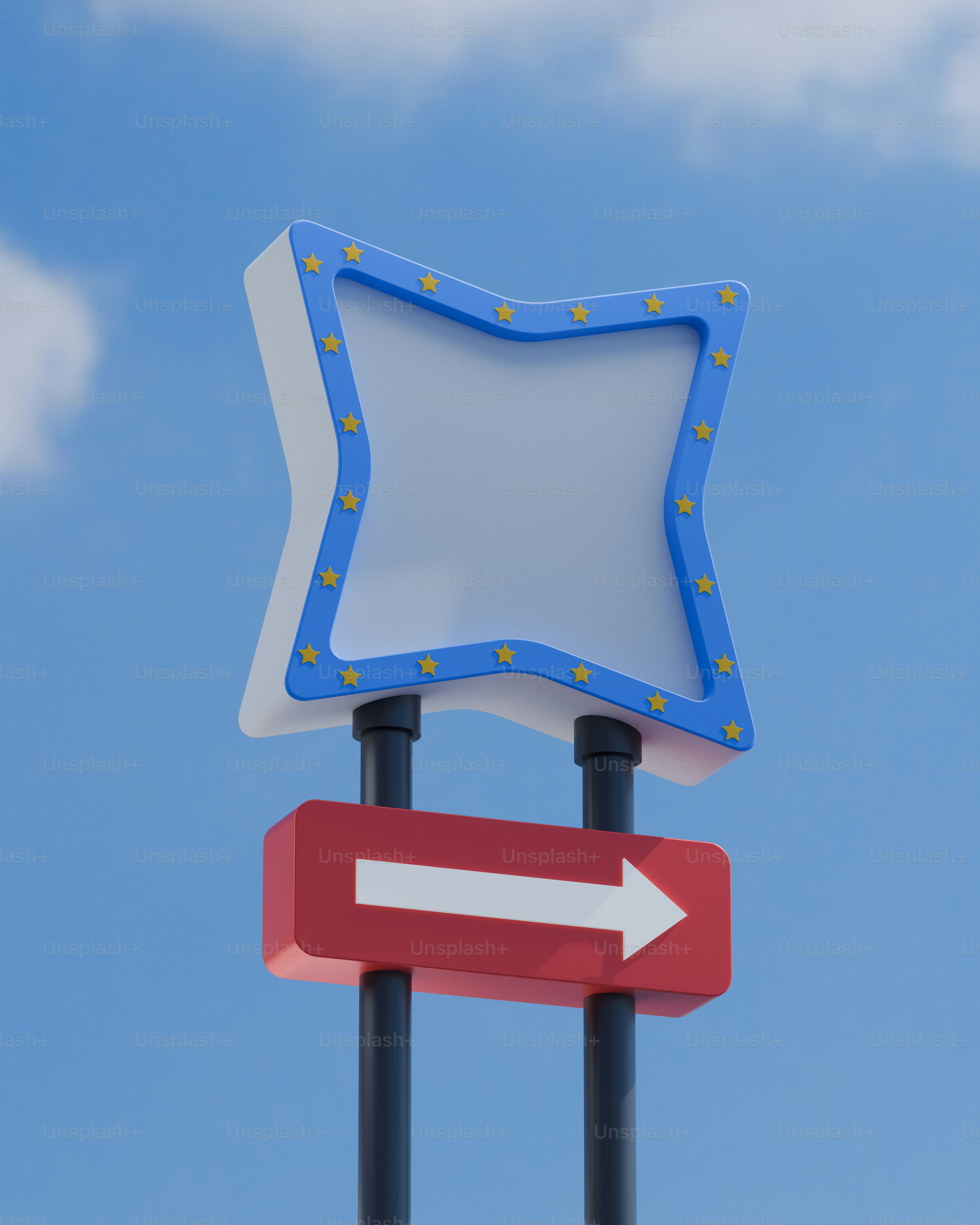 A retro star-shaped marquee sign with arrow. photo – 3d render Image on ...