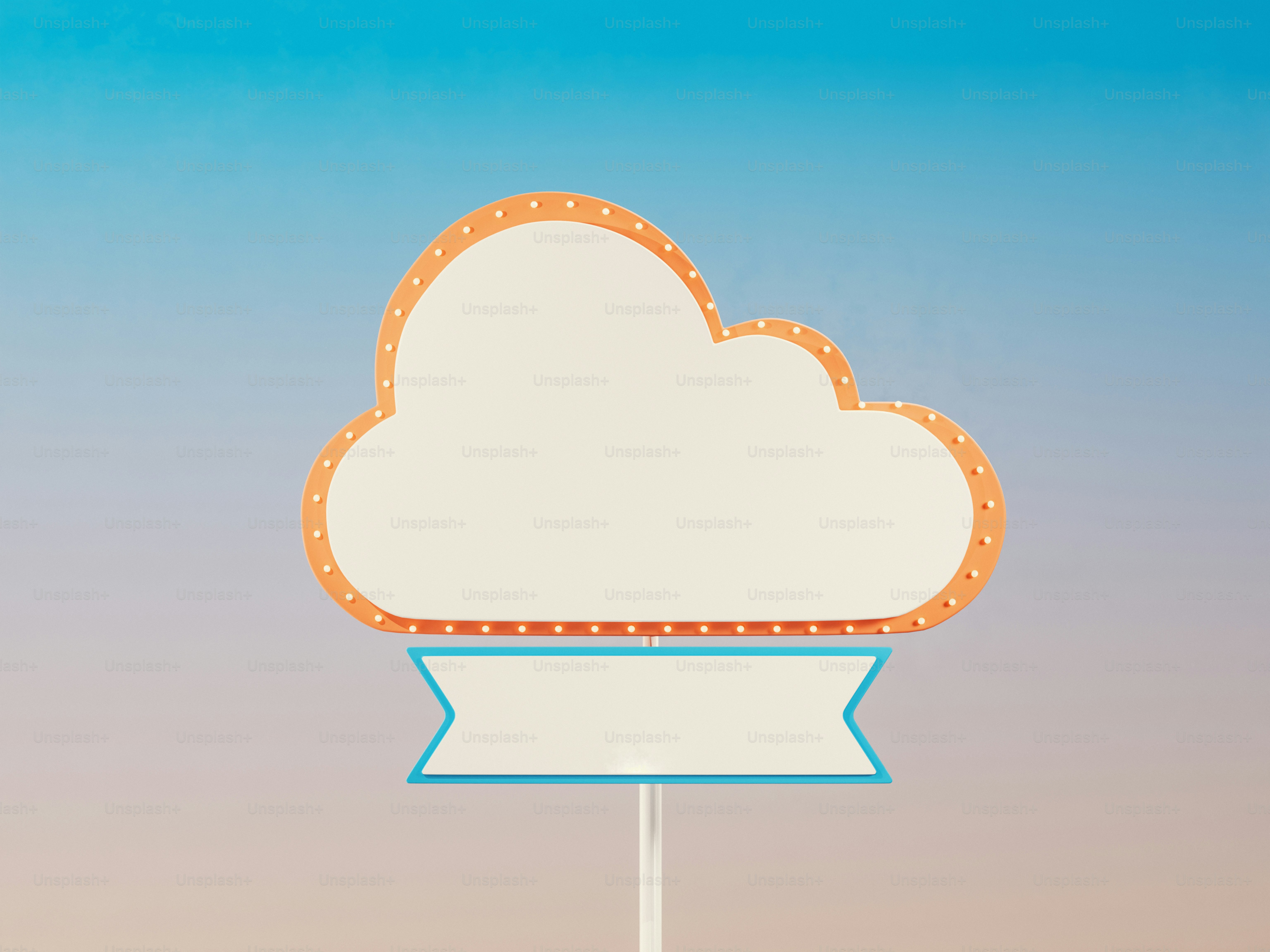 Uma placa em forma de nuvem com uma faixa abaixo.