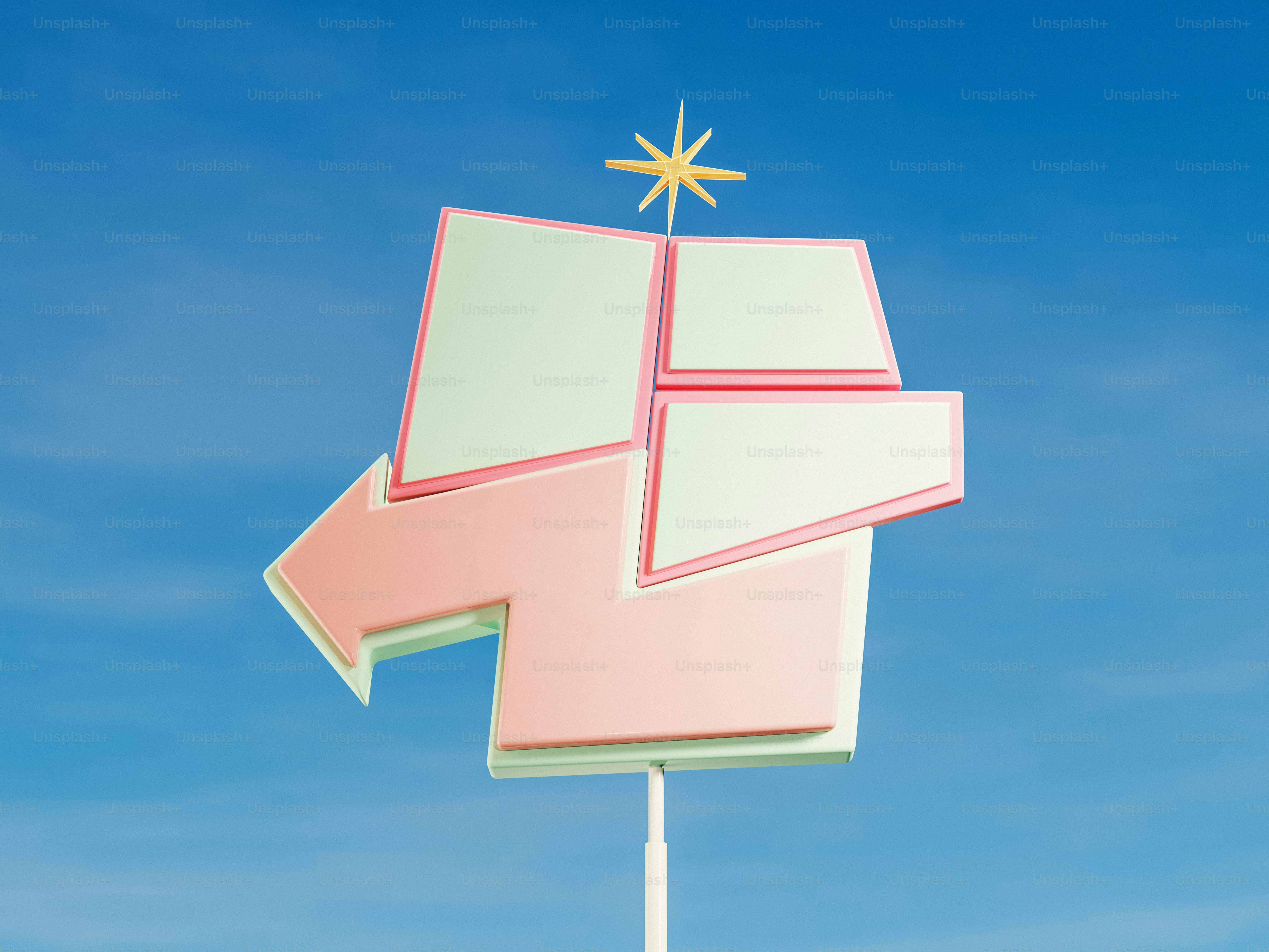 Retro-Schild mit Sternenexplosion vor blauem Himmel