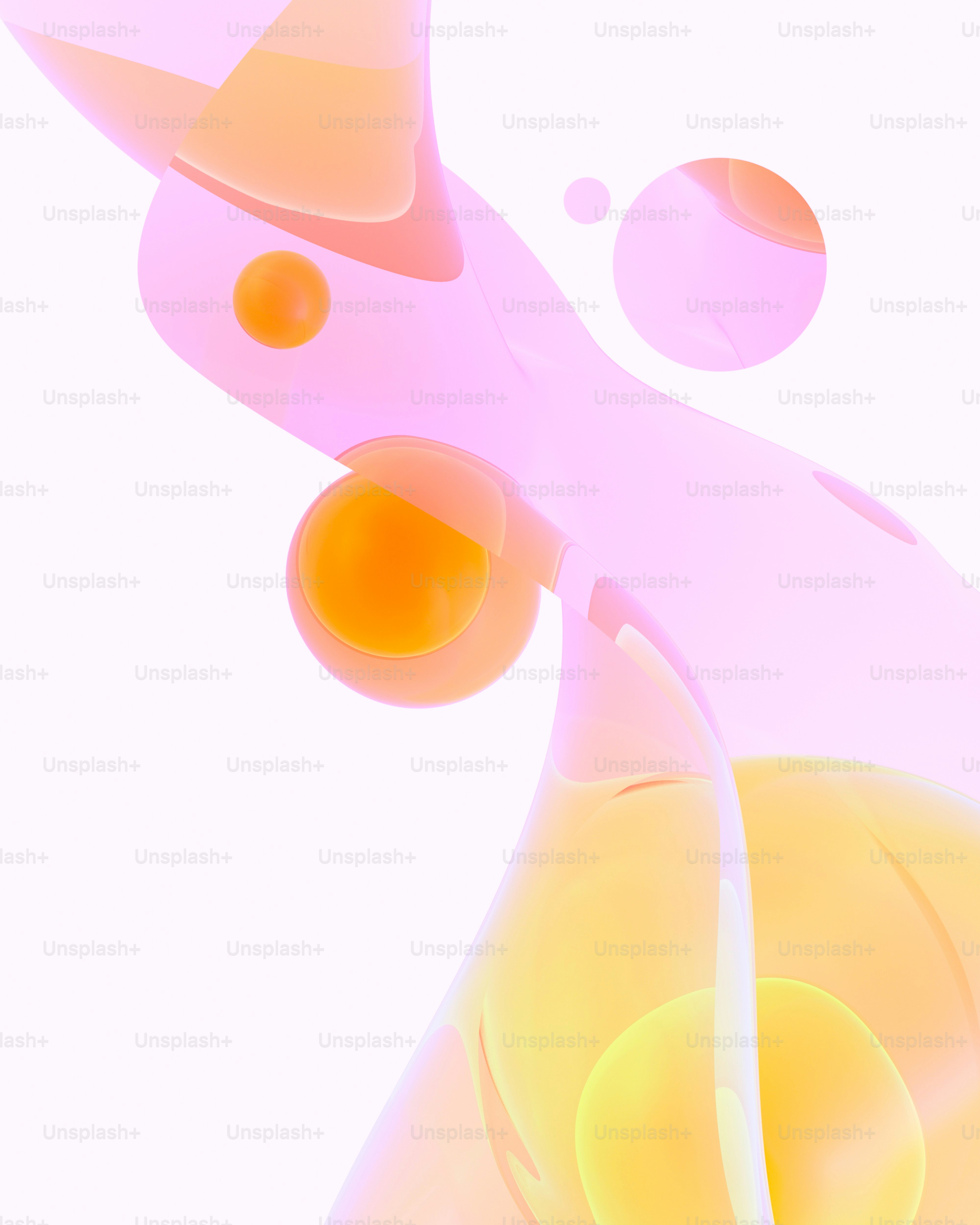 구체가 있는 추상적인 분홍색과 노란색 유체 모양들.
