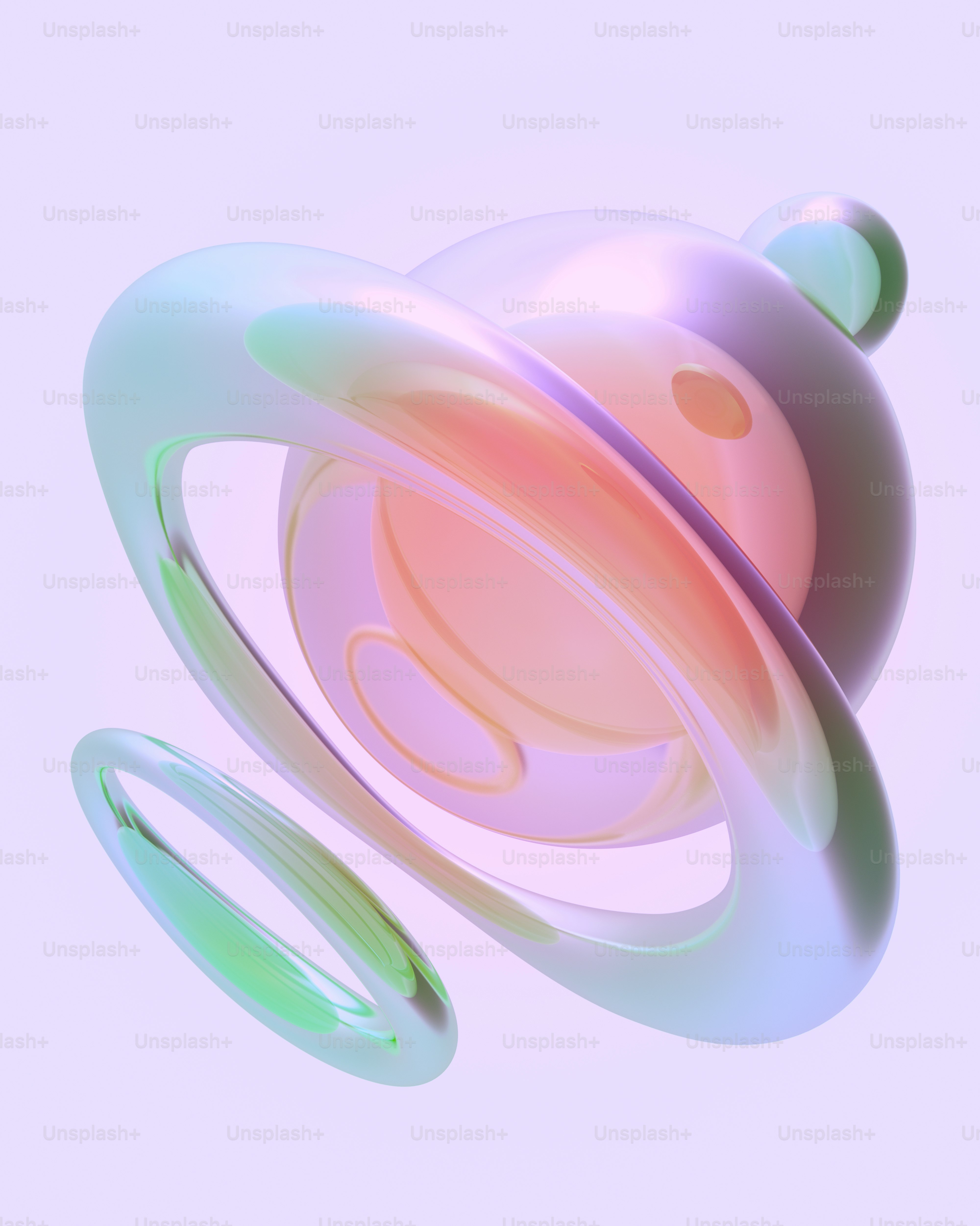 보라색 배경에 고리가 있는 추상적인 무지갯빛 구체