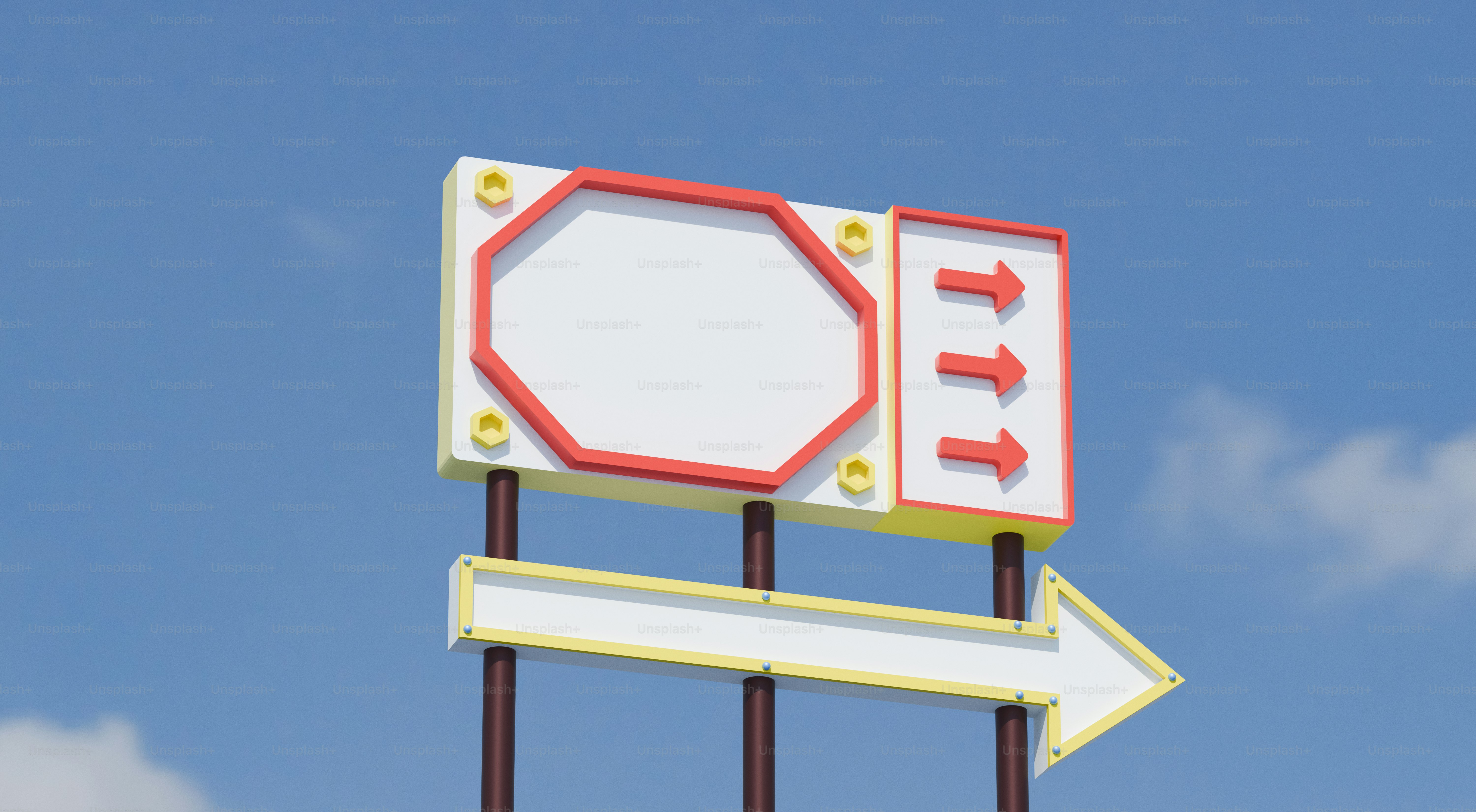 Blank roadside sign with directional arrows against sky