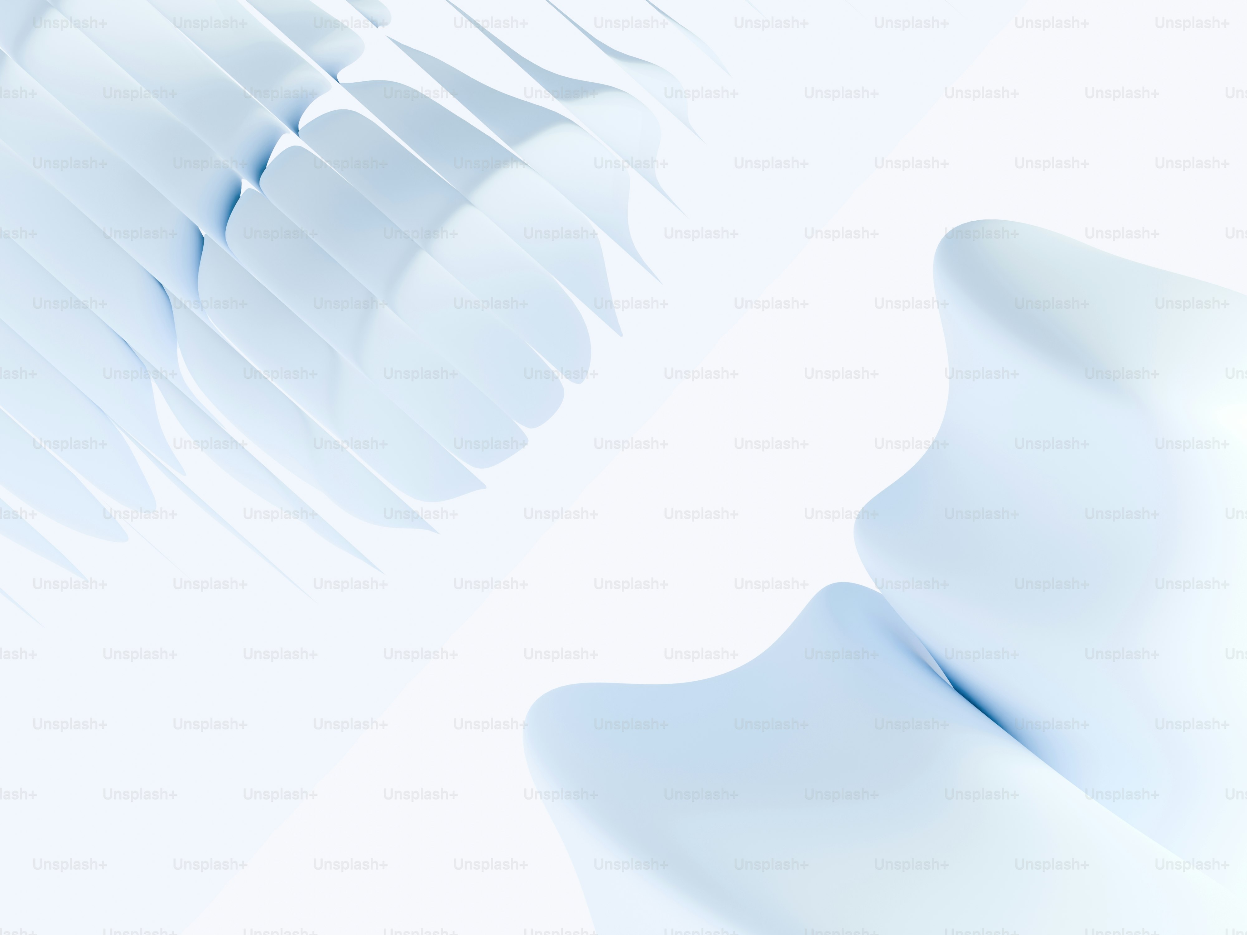 白い背景に抽象的な白と青の曲線の形が描かれています