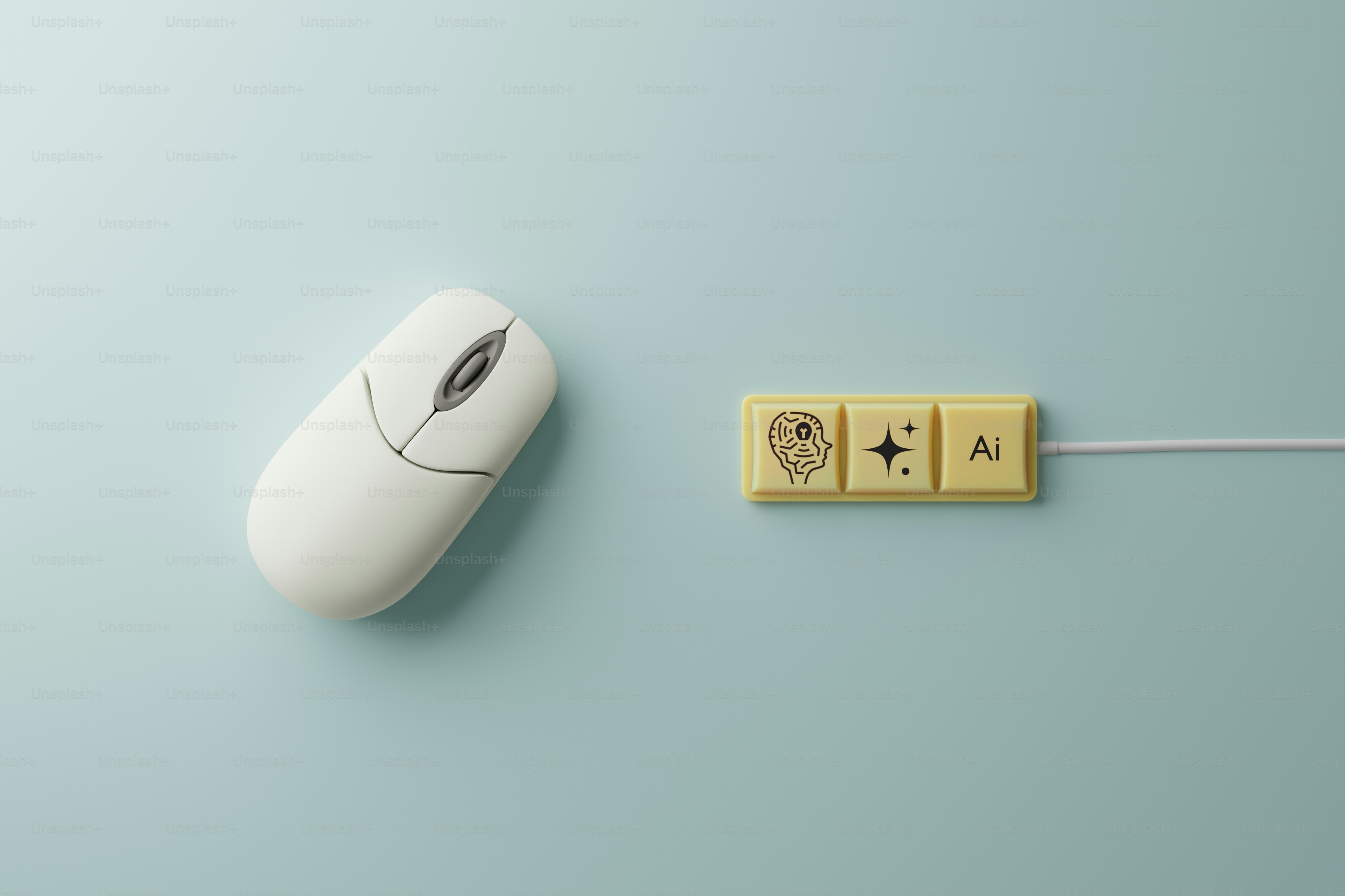 A white computer mouse and three keyboard keys