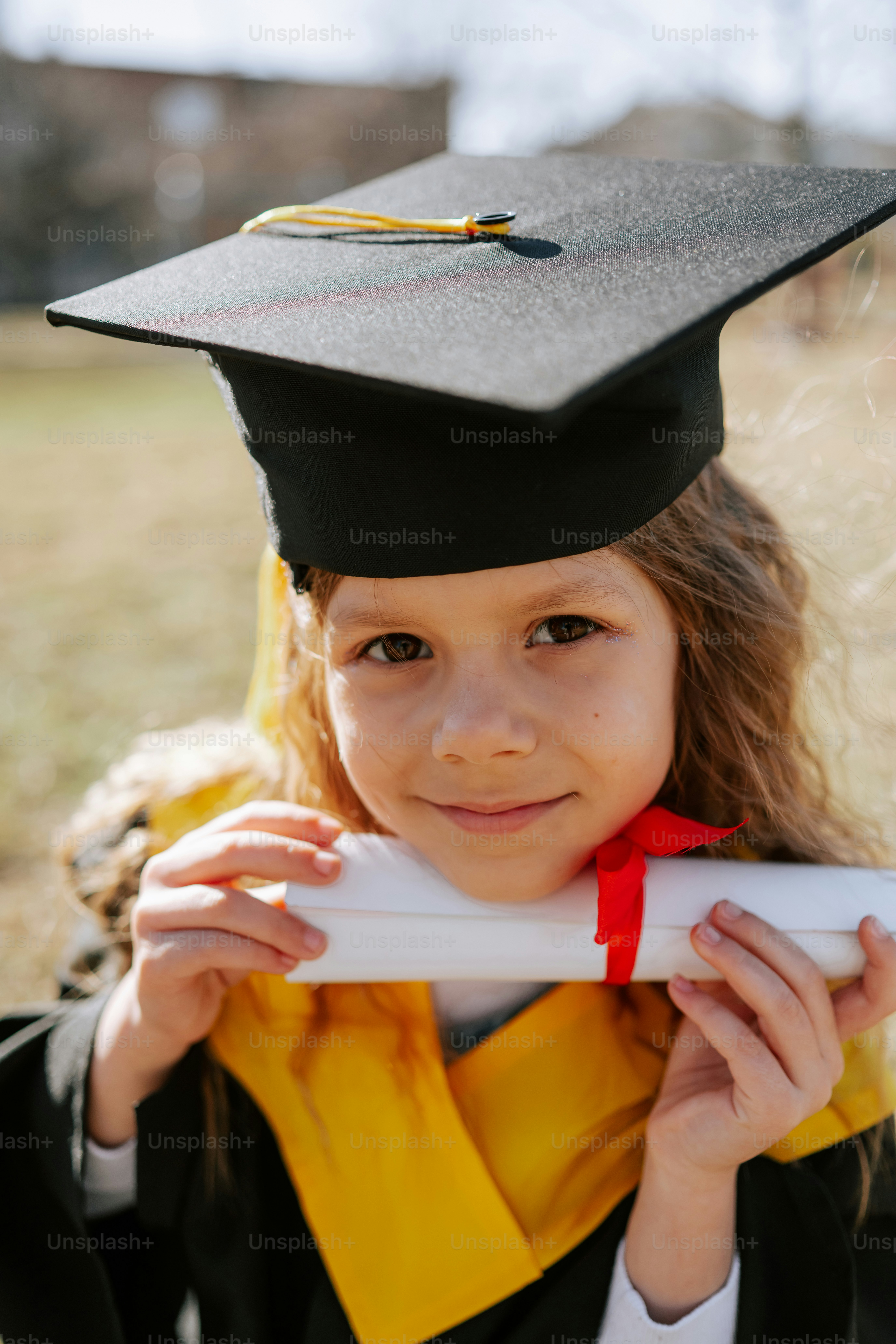 Young graduate smiles holding diploma with red ribbon.