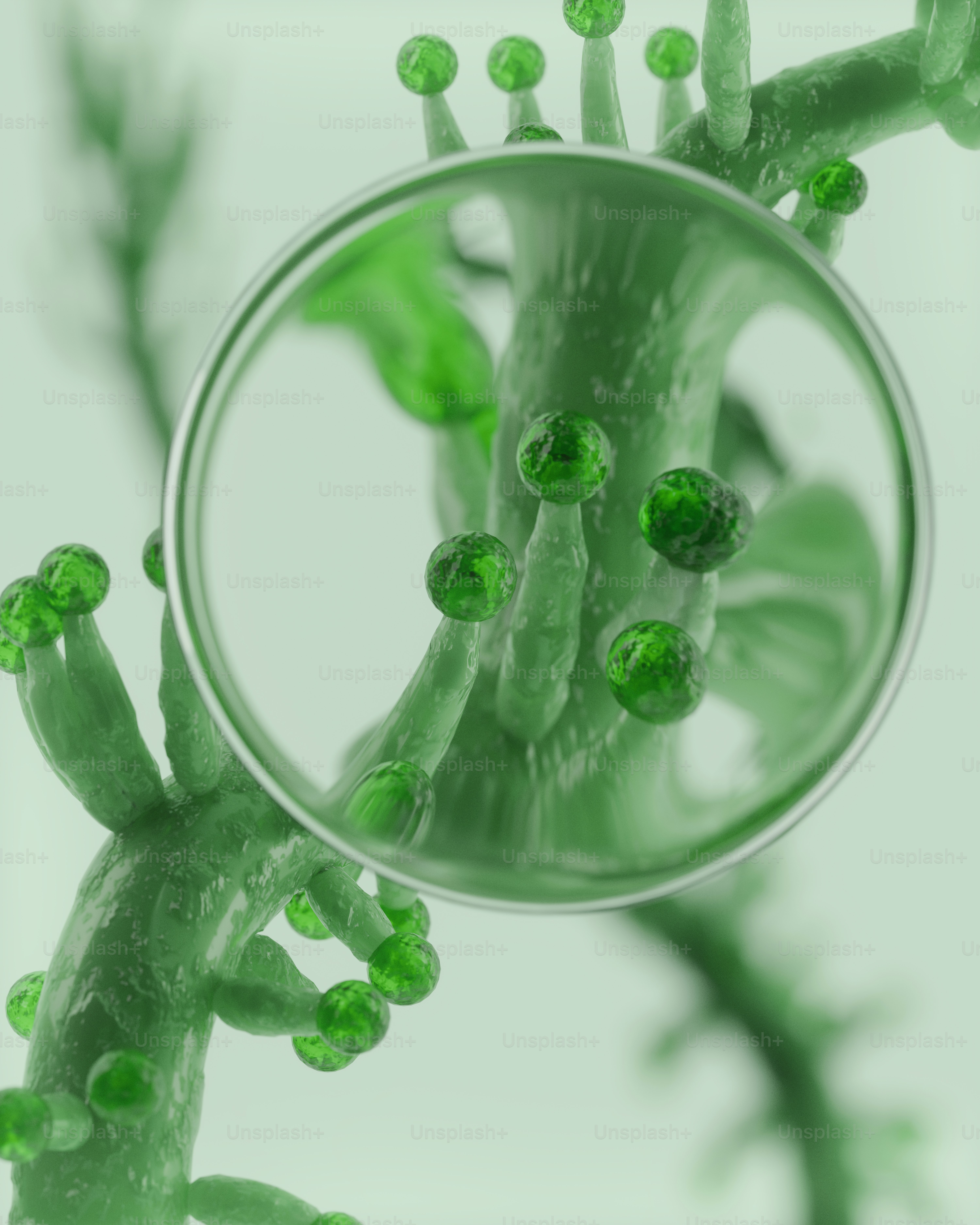 Vista microscópica de estructuras celulares verdes bajo una lupa.