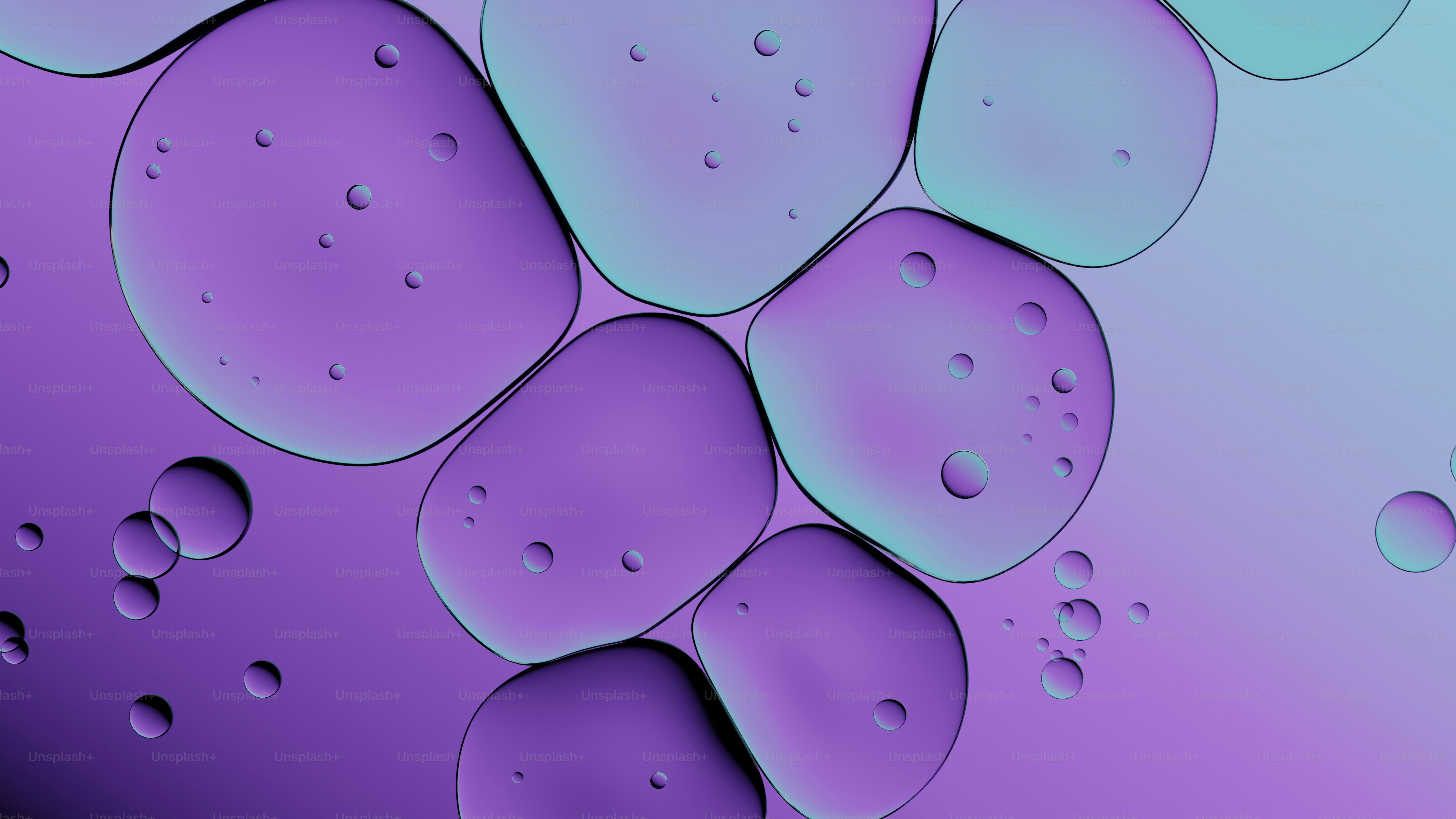 Abstrakte, violette und türkisfarbene flüssige Blasen mit kleinen Tropfen.