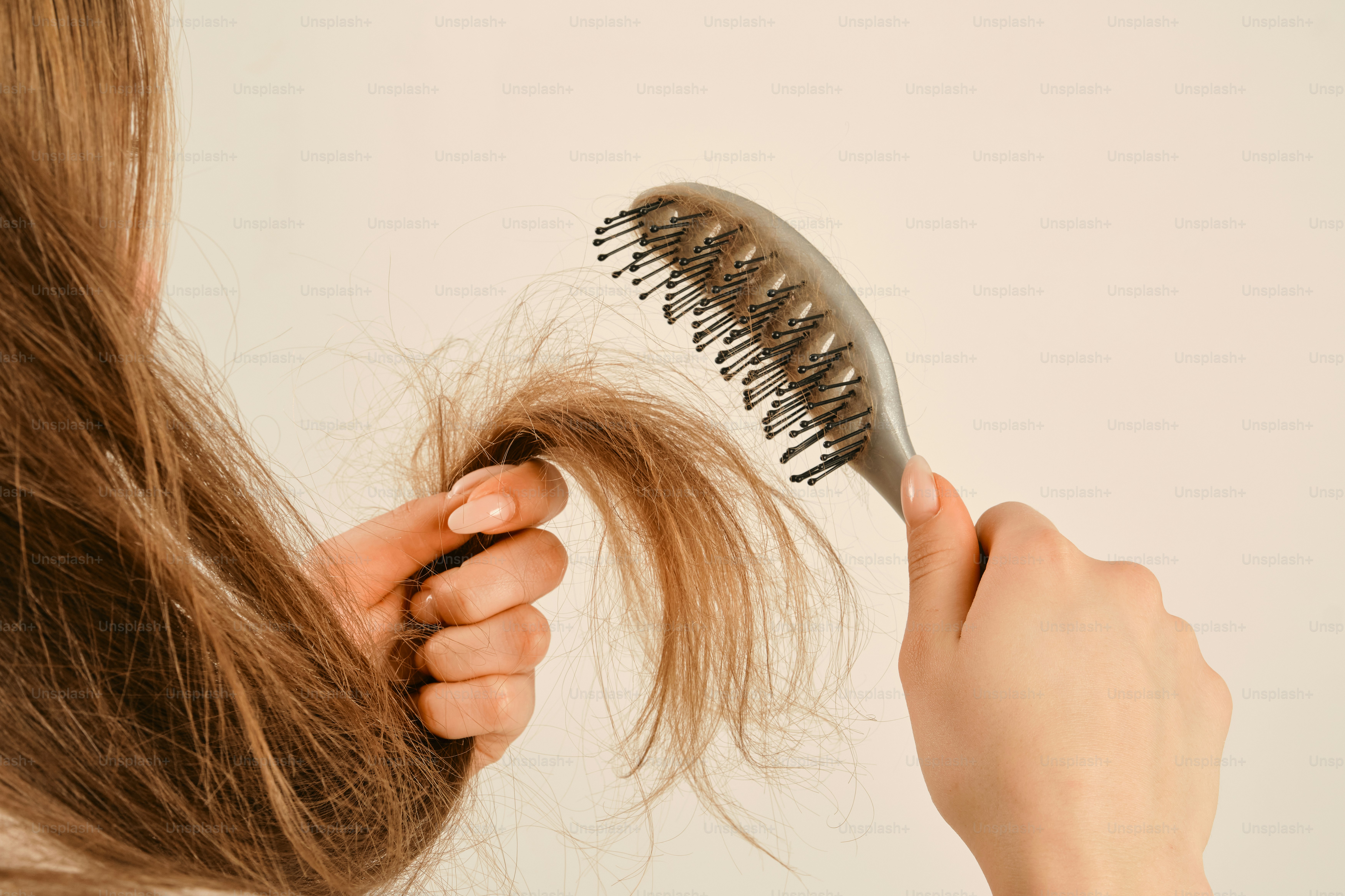 Une personne brossant des cheveux bruns emmêlés avec une brosse