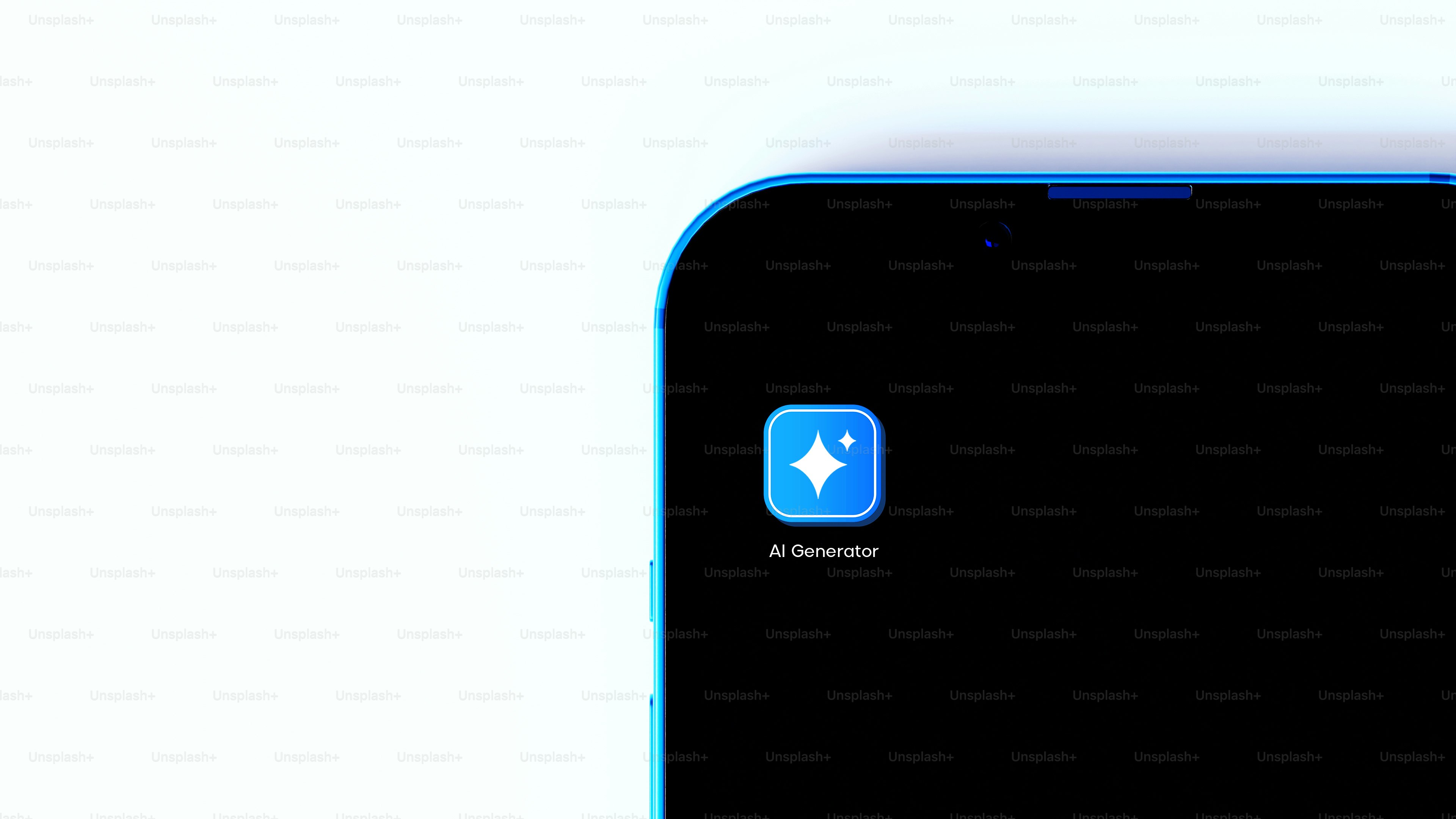 Smartphone biru menampilkan ikon aplikasi pembuat ai.