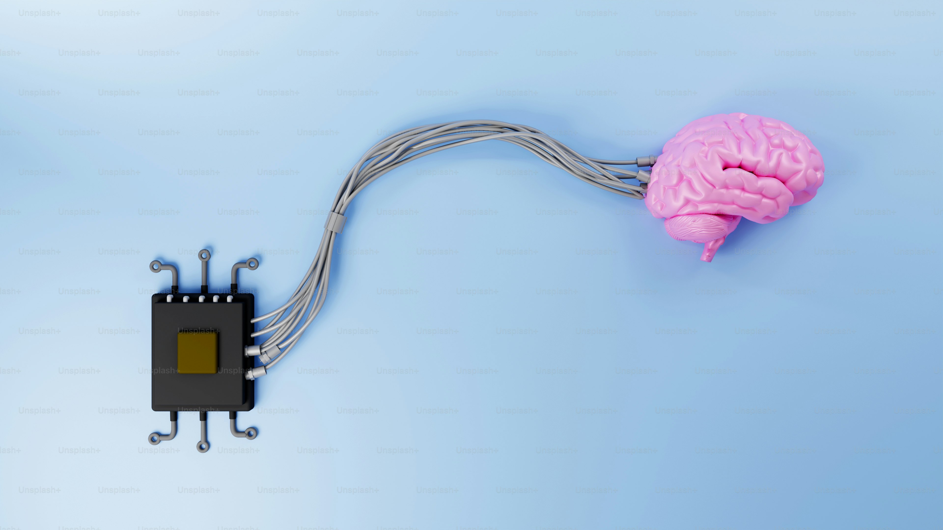 Chip komputer yang terhubung ke otak merah muda dengan kabel