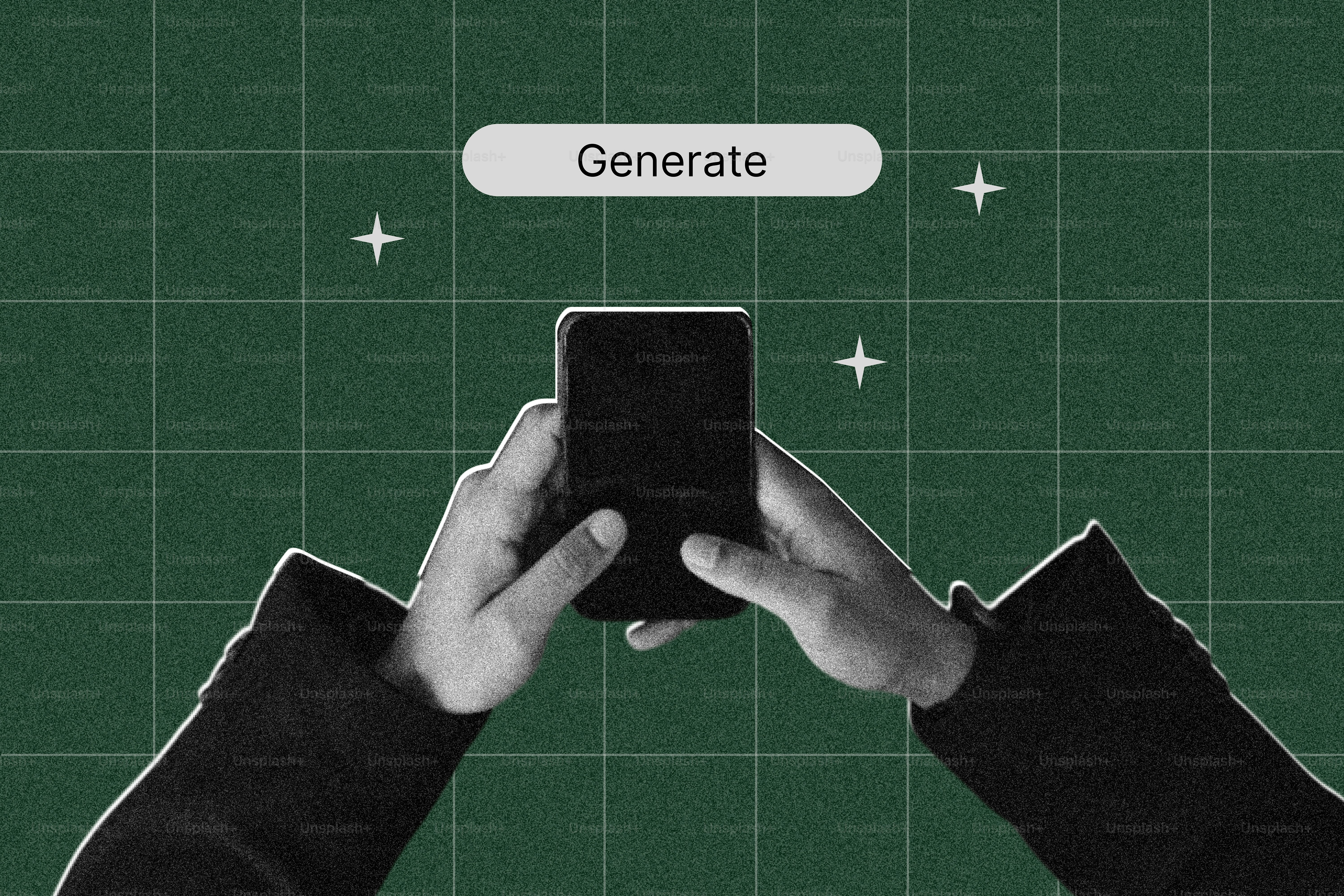 Tangan memegang smartphone dengan tombol "hasilkan" di layar.