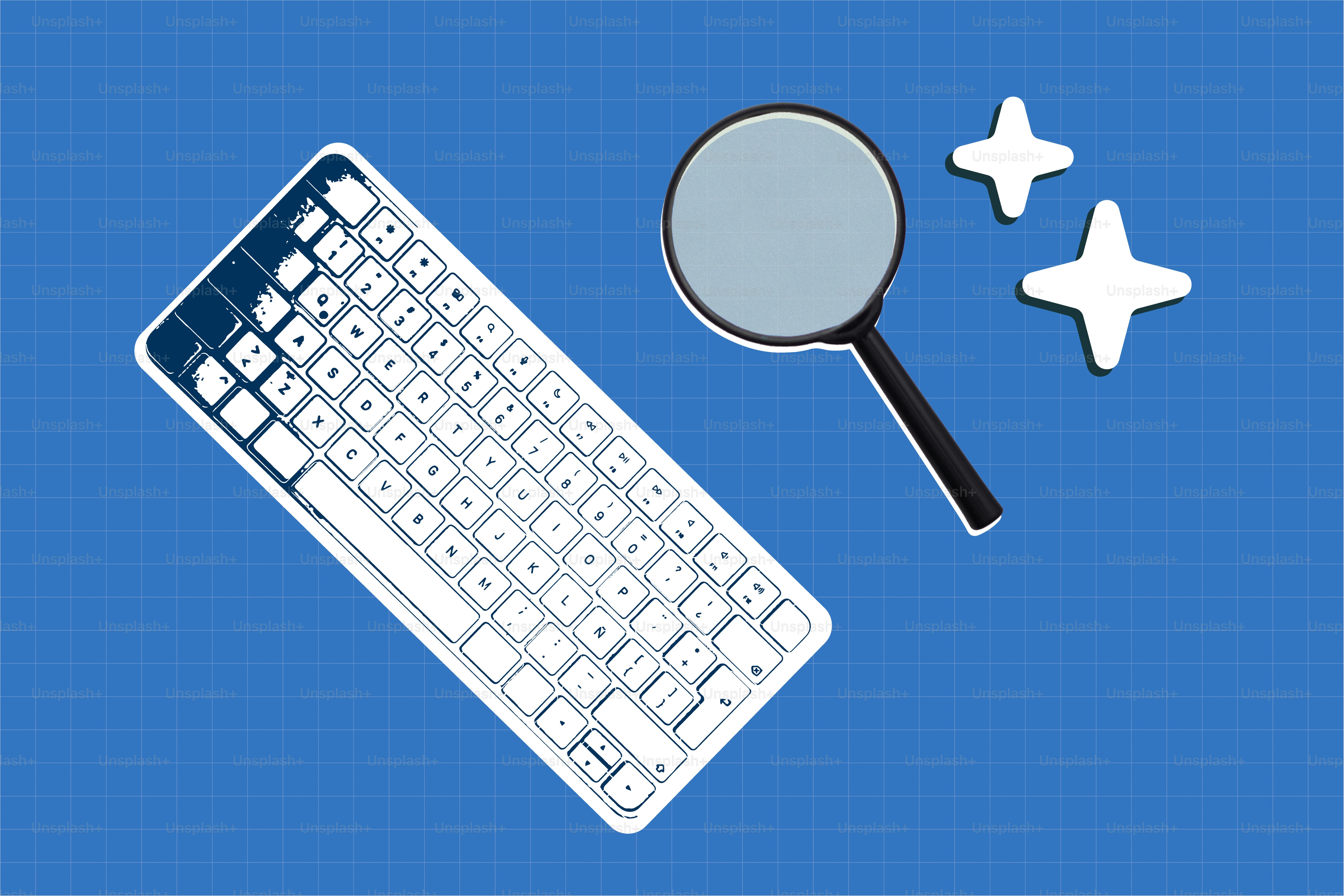 Kaca pembesar di atas keyboard dengan bintang berkilauan