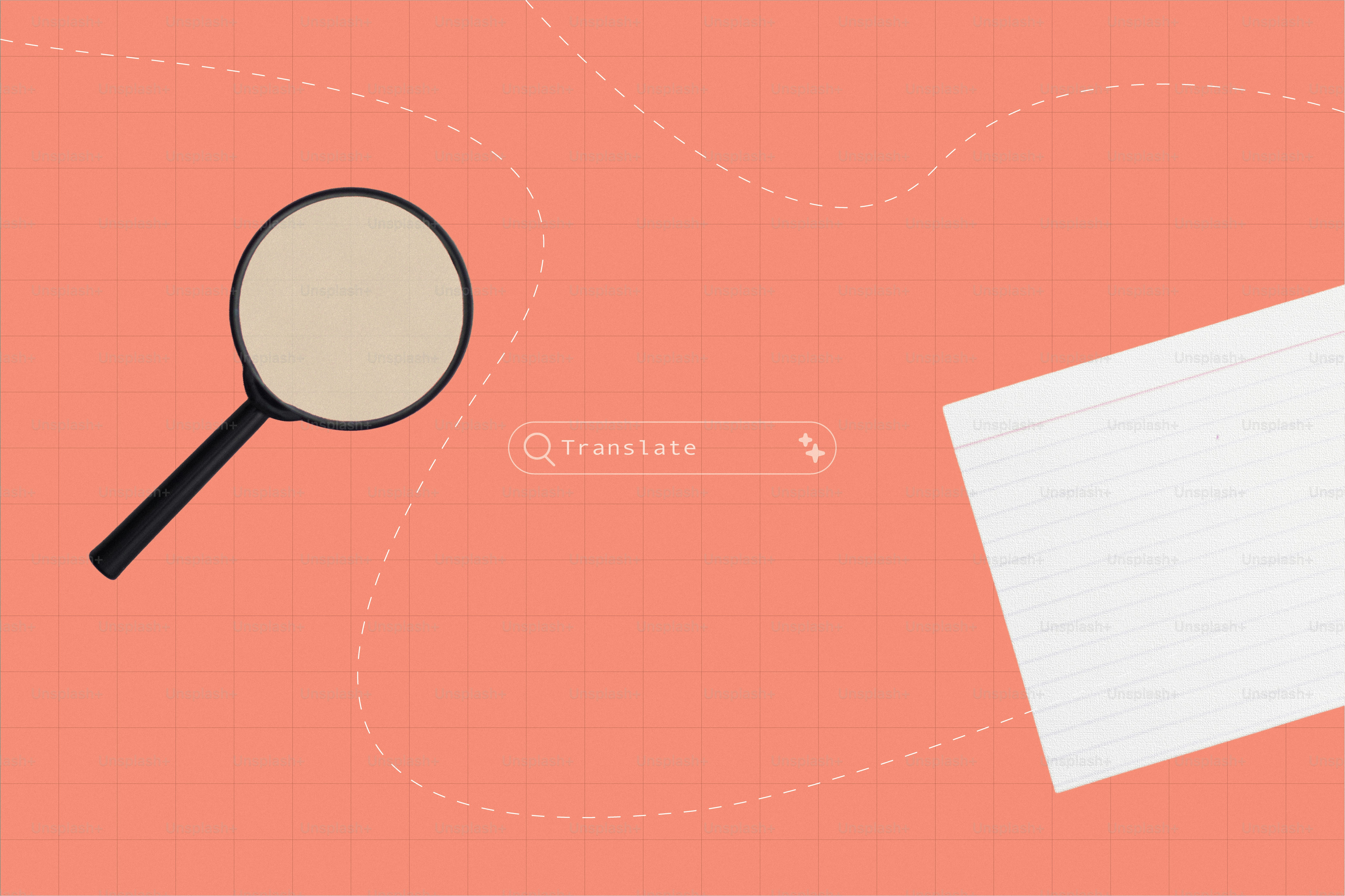 Magnifying glass and paper on orange background