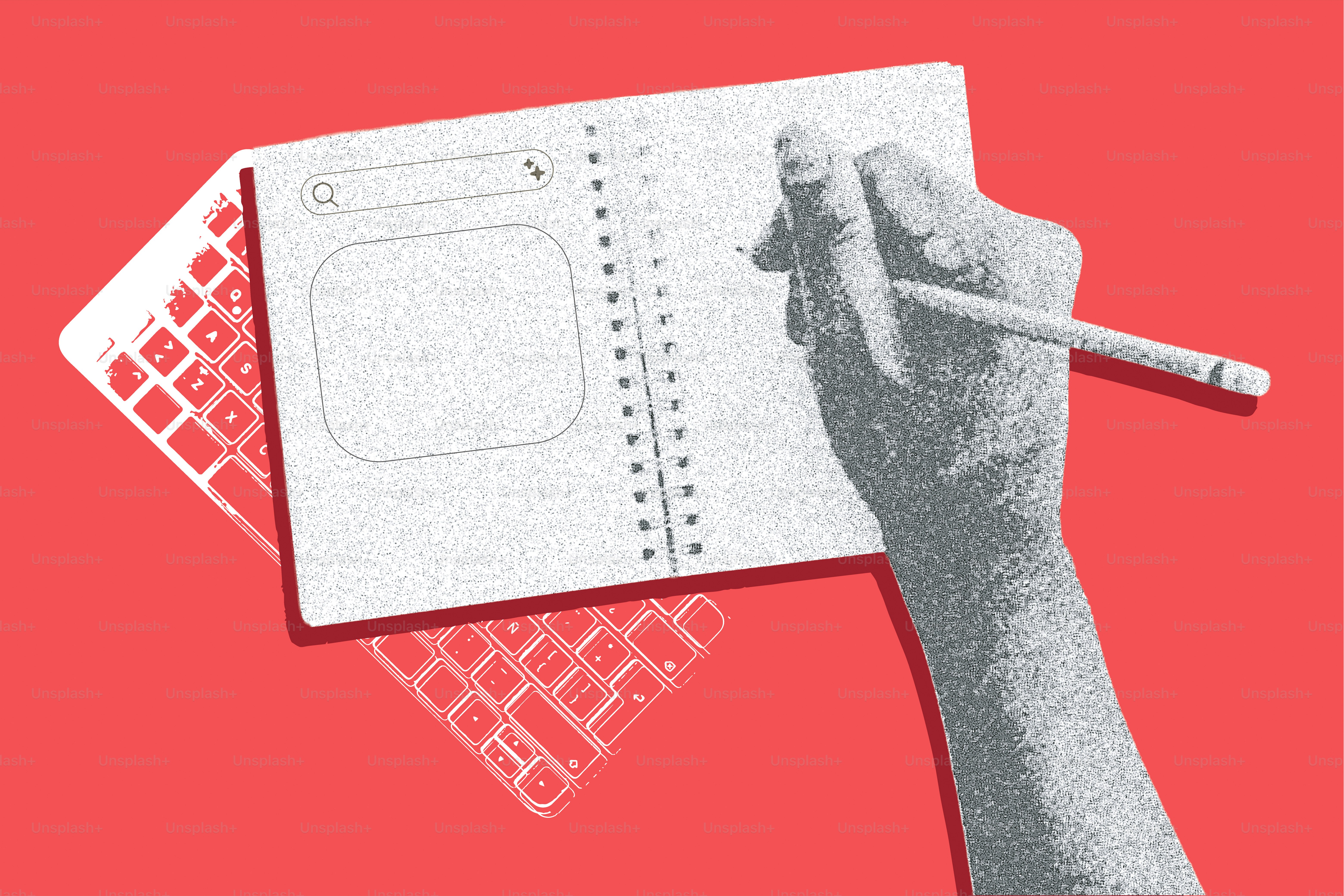 Tulisan tangan di buku catatan di atas keyboard dengan latar belakang merah