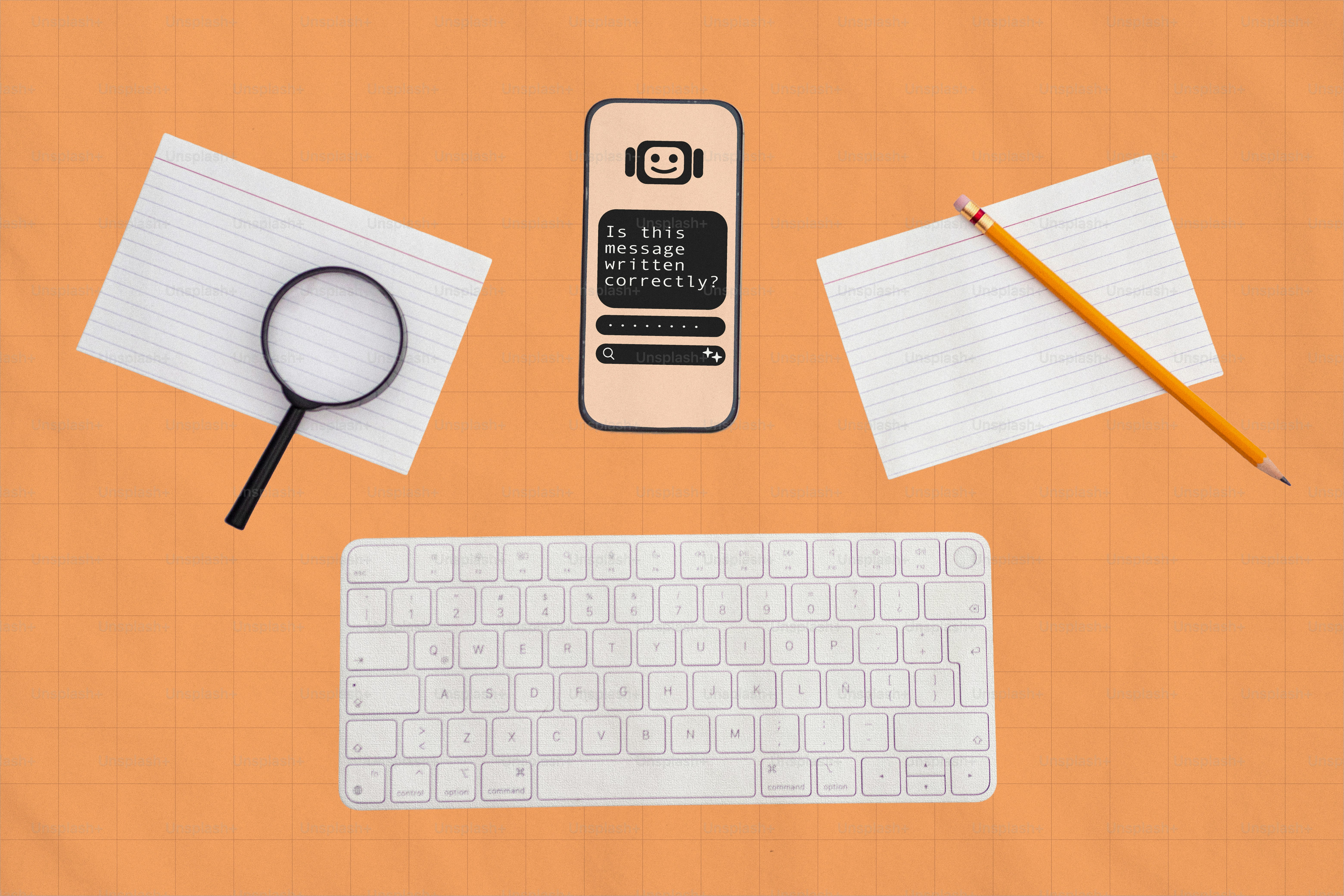 Smartphone, keyboard, magnifying glass, and papers on orange background