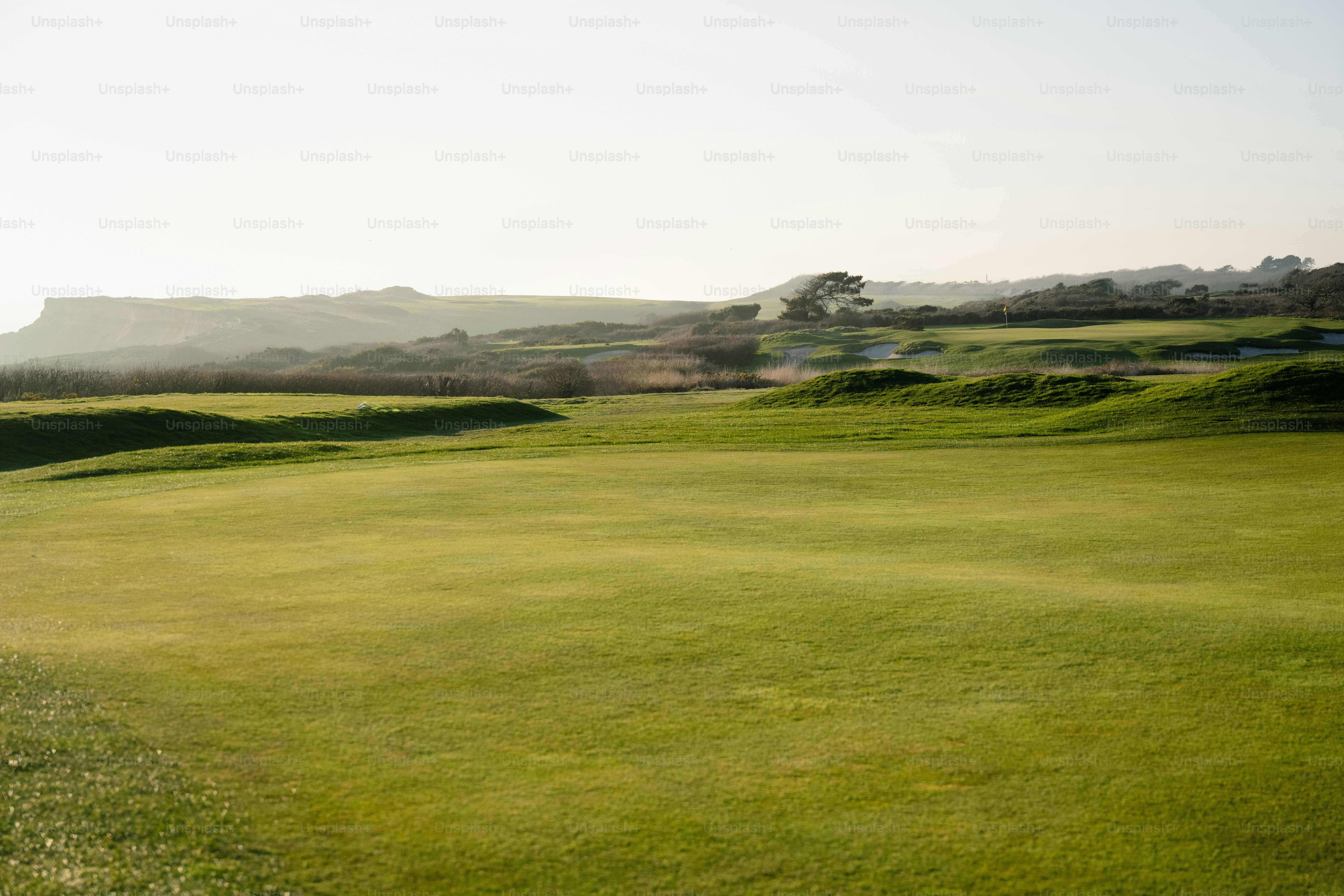 Vaste parcours de golf vert avec des collines ondulantes