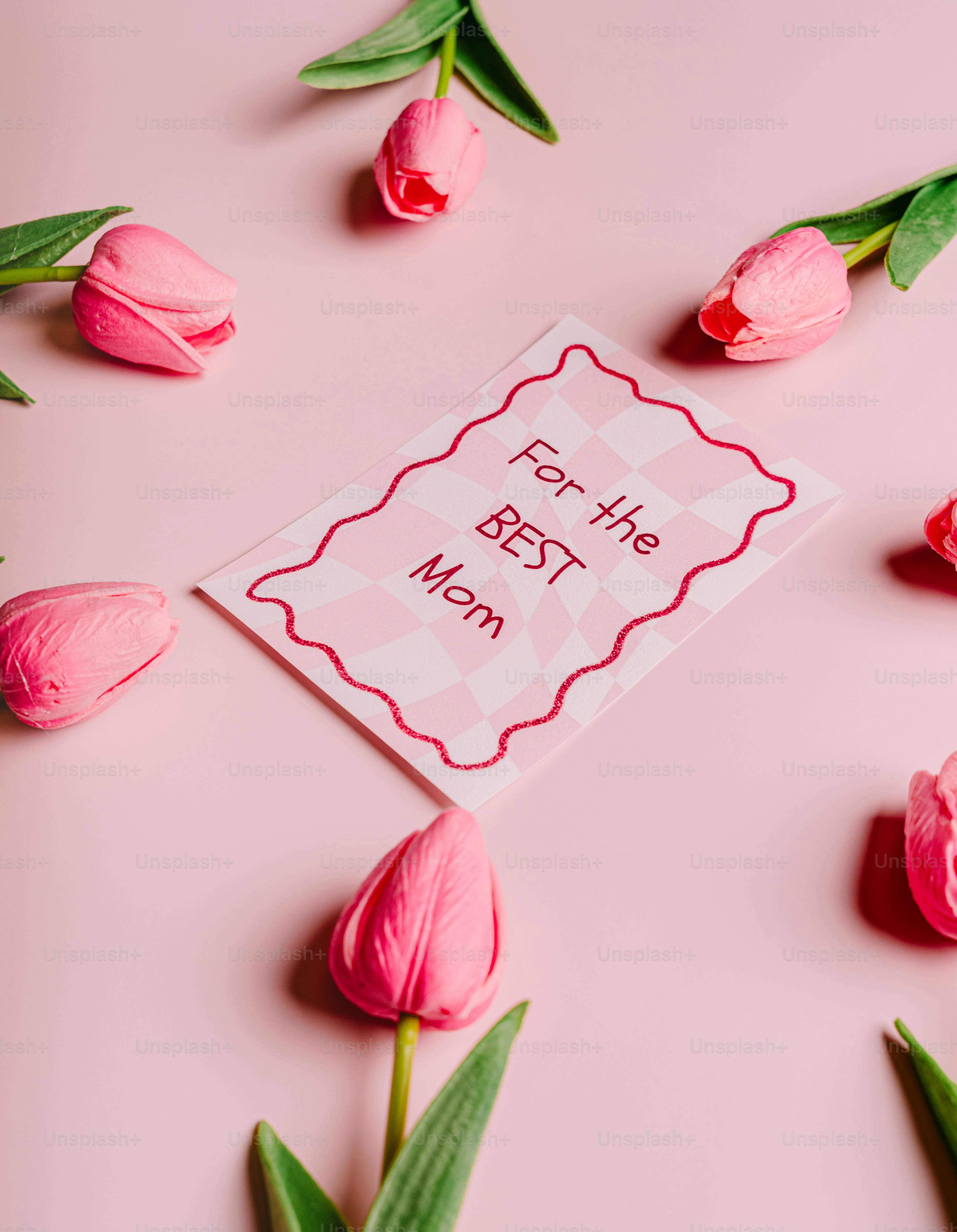 Pink tulips and a card for the best mom
