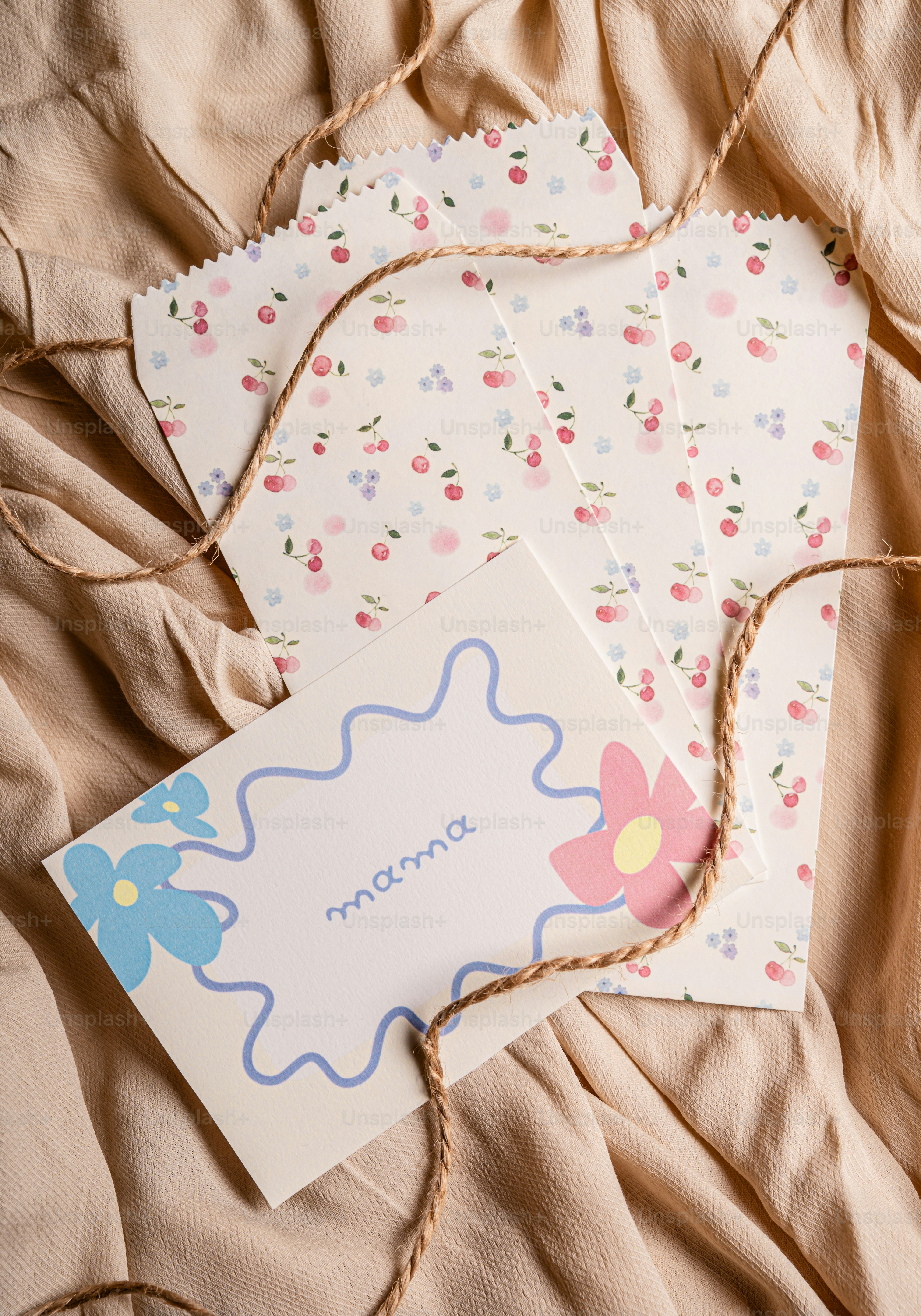Floral patterned bags and card with 'mama' text.