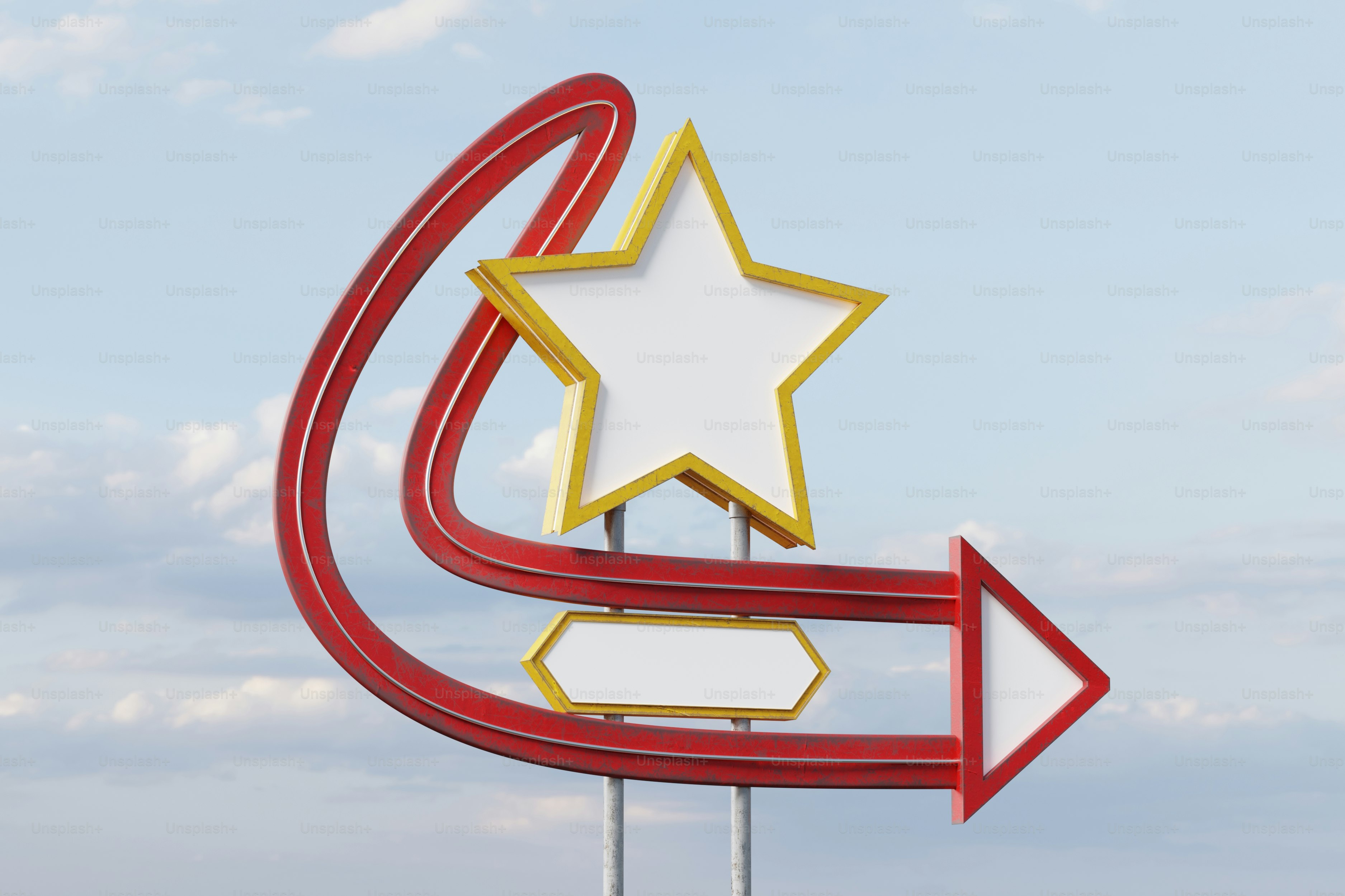 Retro star sign with neon arrow against sky