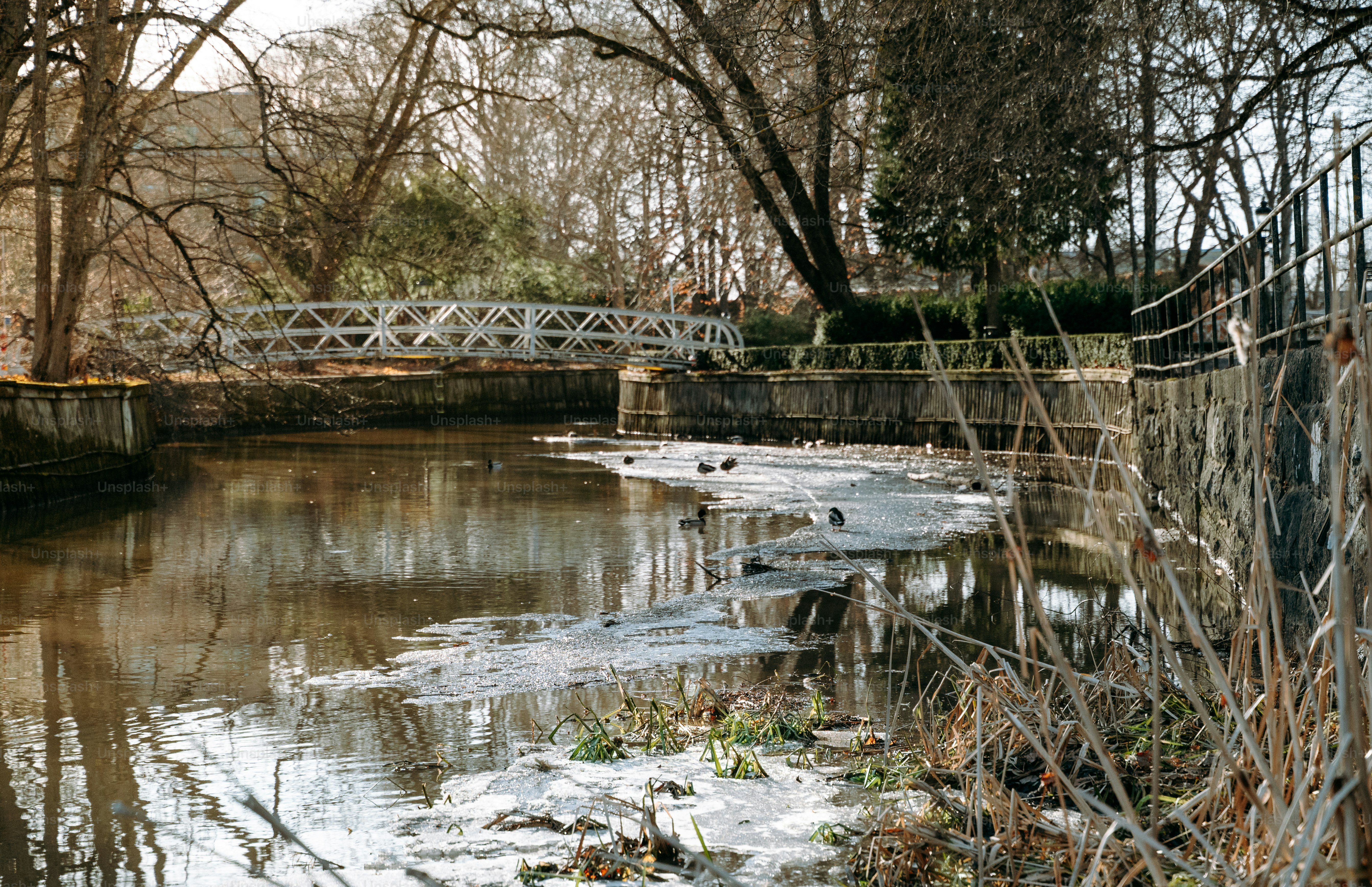A small bridge crosses a calm river with icy patches.