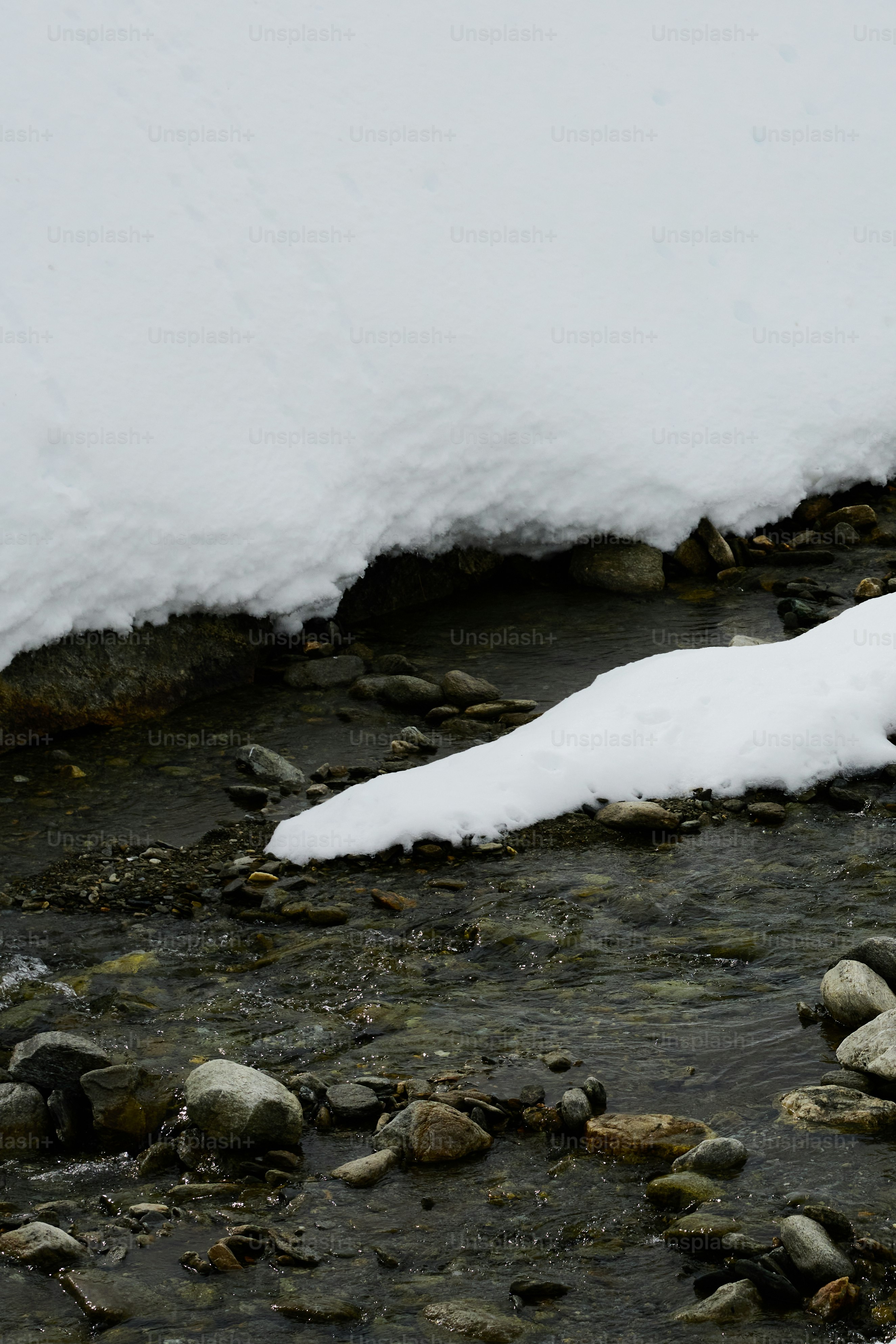 A small stream flows over rocks under snow.