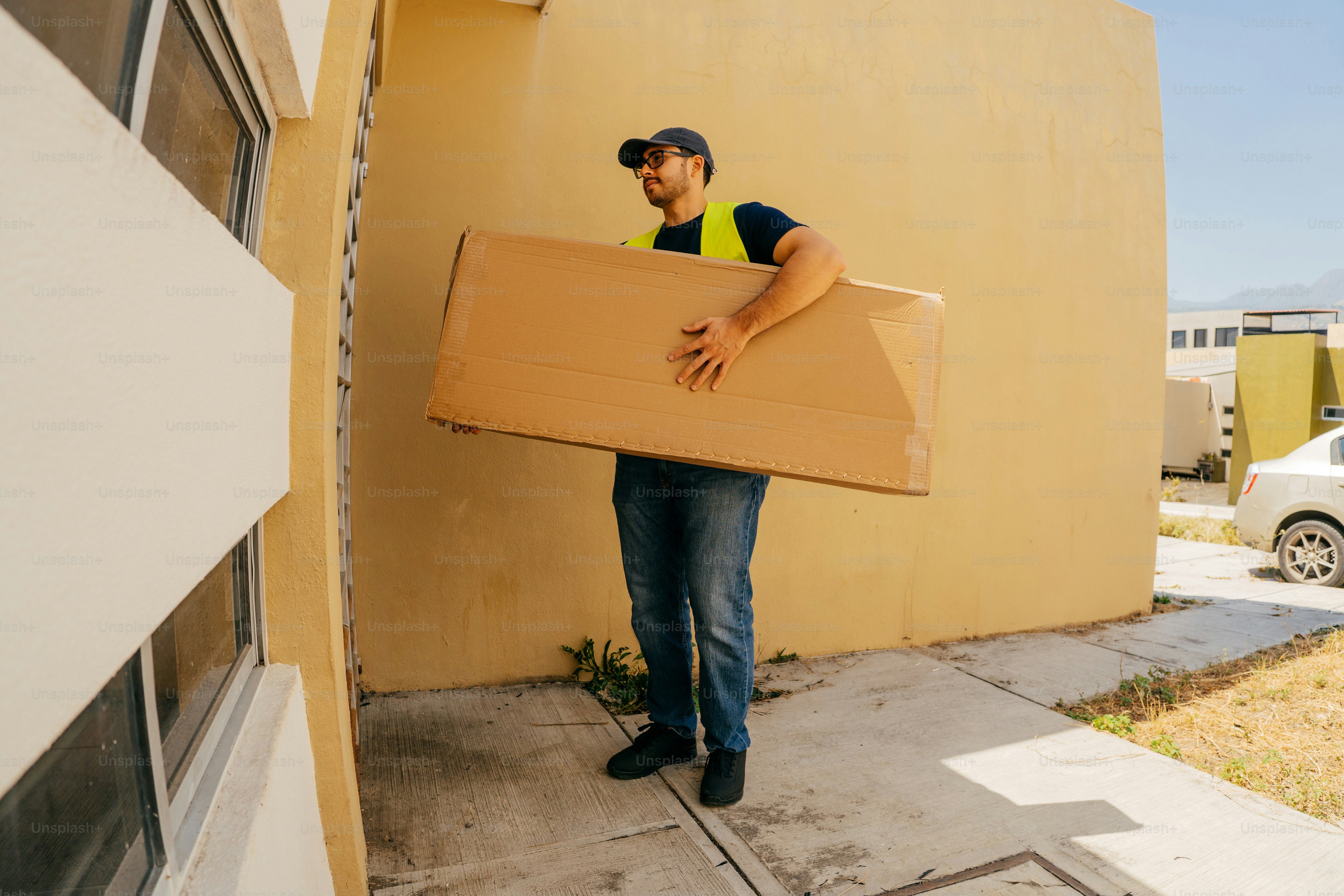 Delivery person carrying a large cardboard box