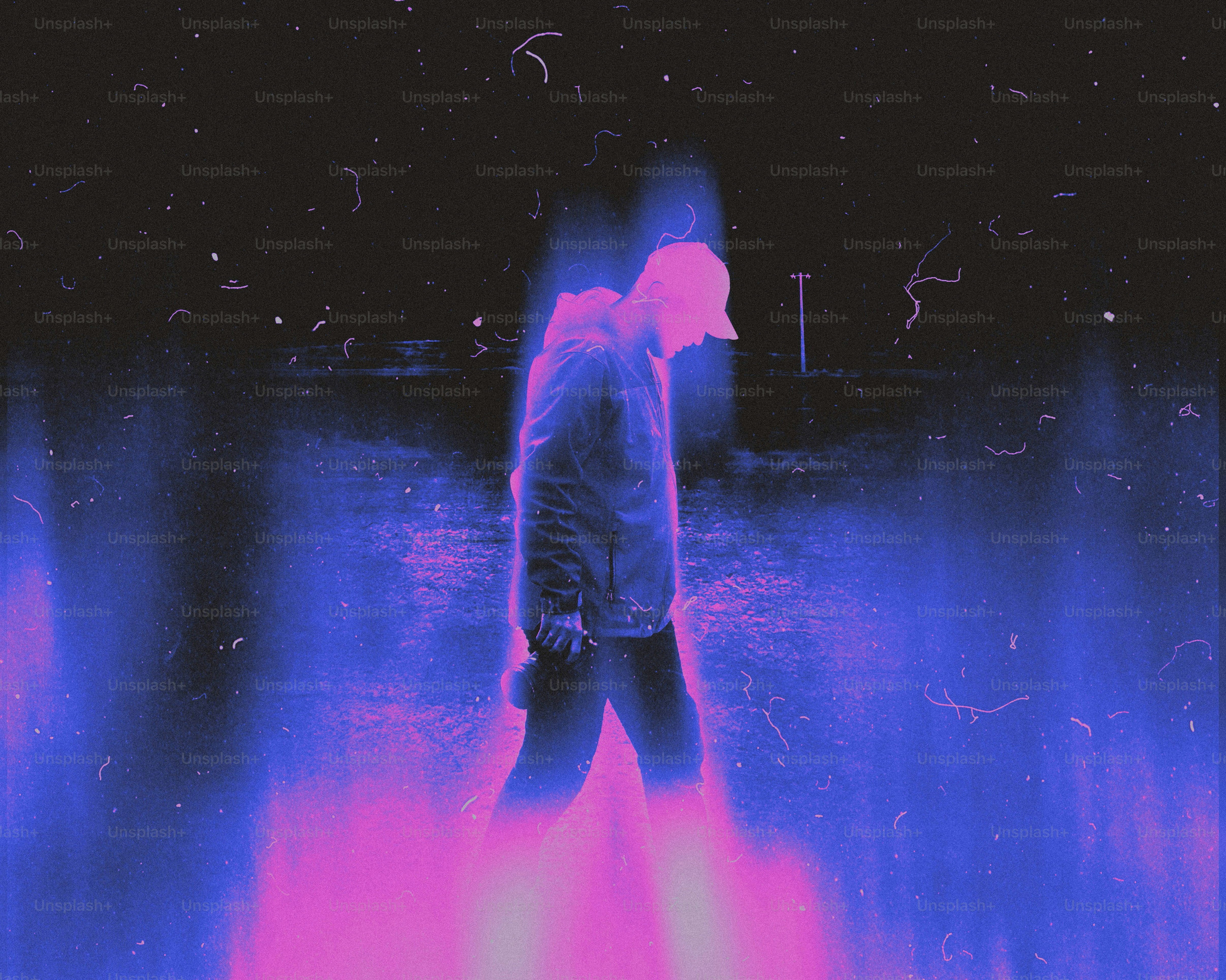 Man walking in a surreal purple and pink light