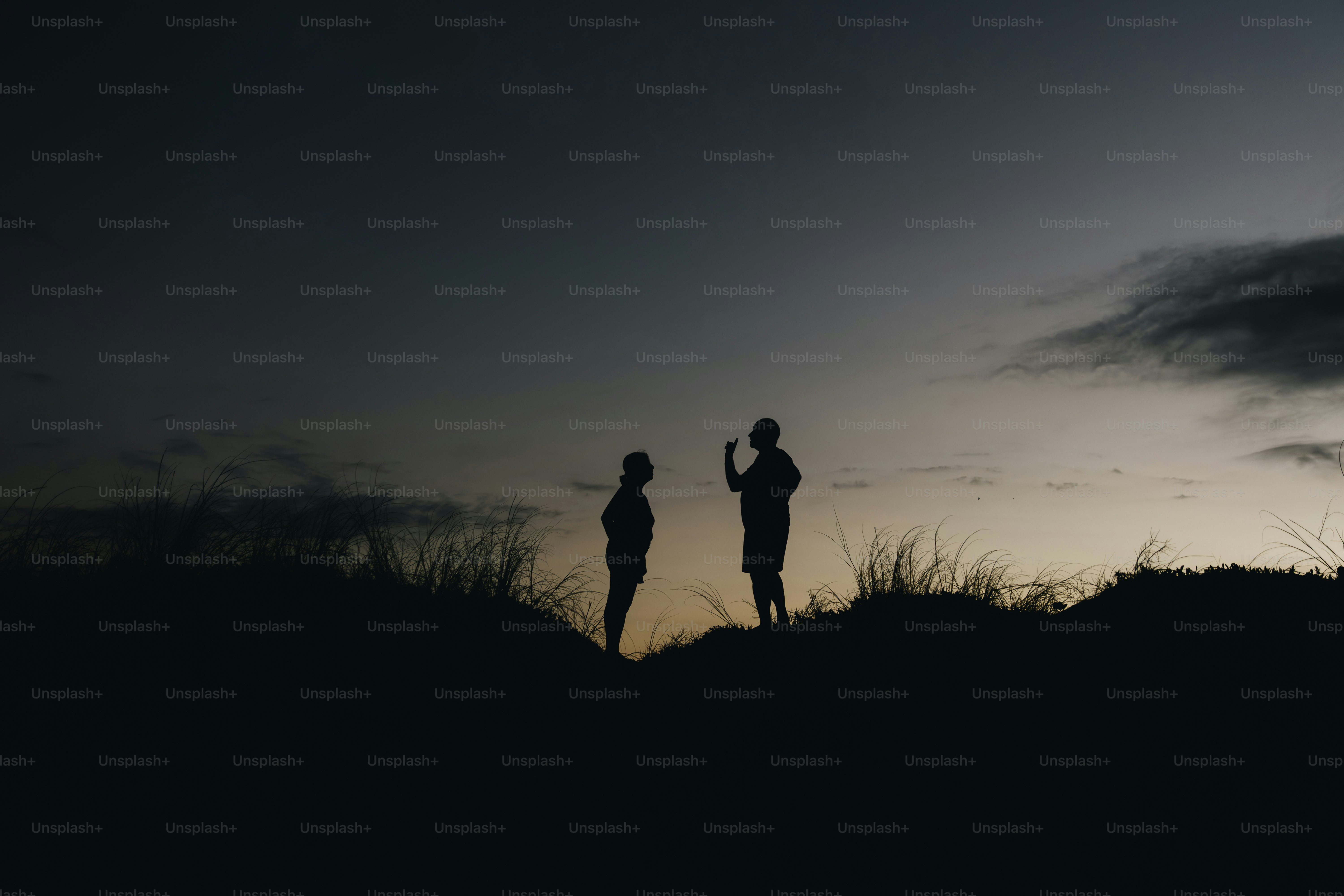 Due persone in controluce su una collina al crepuscolo.